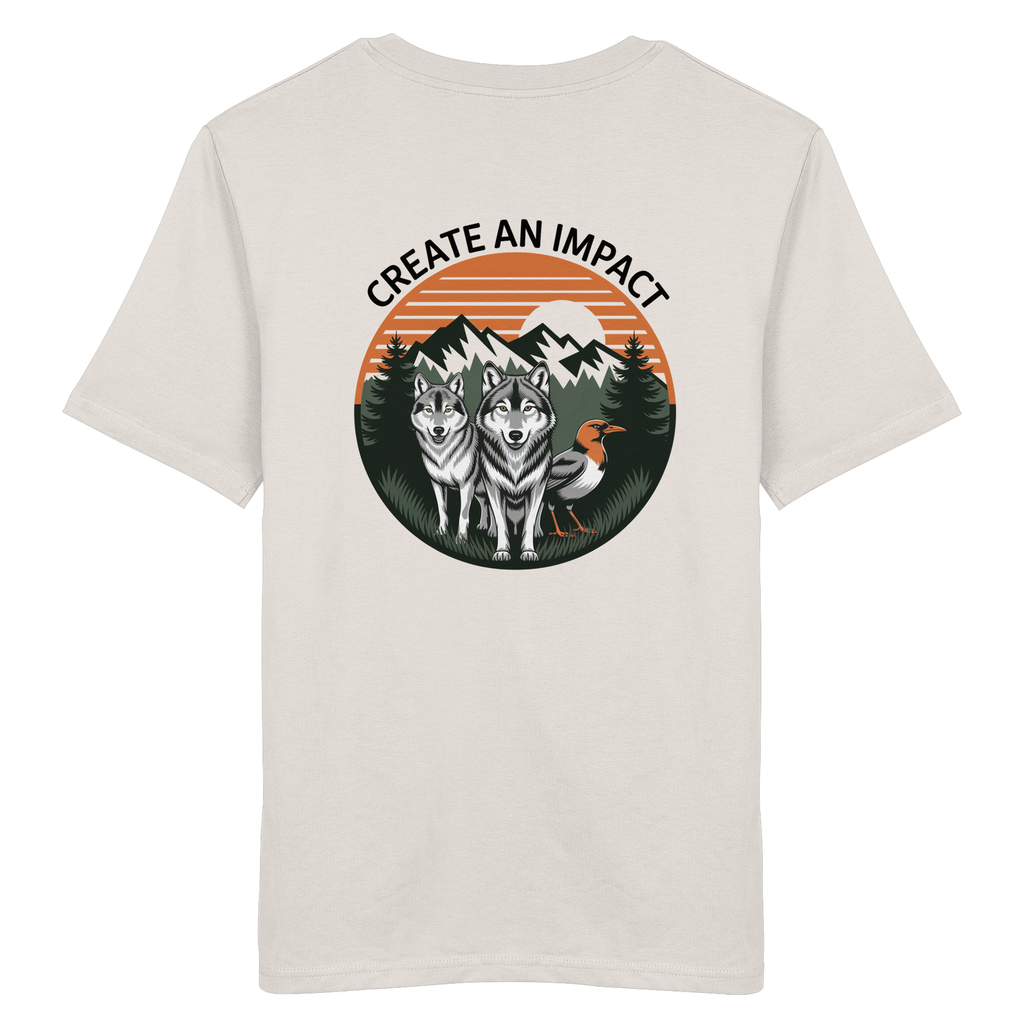 Organic T-Shirt mit Rückendruck: zwei Wölfe und ein Vogel vor Bergen, Wald und Sonnenuntergang, Schriftzug Create an Impact.