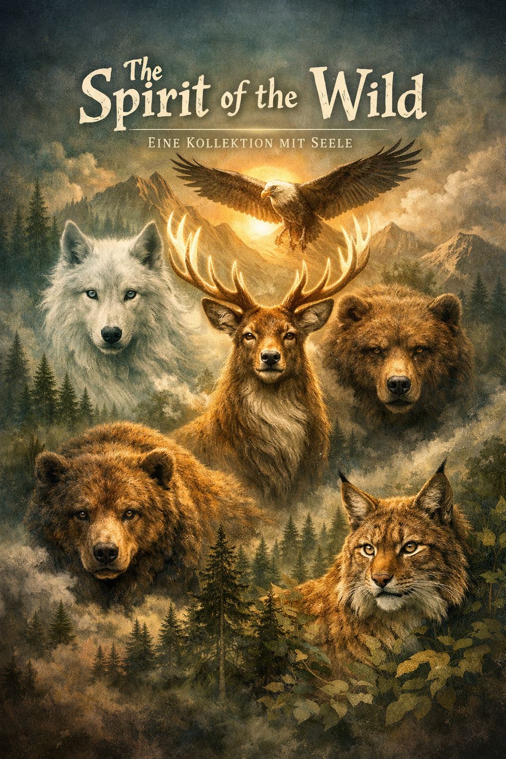Spirituelles Kolletionsbild mit Wolf, Hirsch, Bär, Adler und Luchs in einer mystischen Waldlandschaft – The Spirit of the Wild.