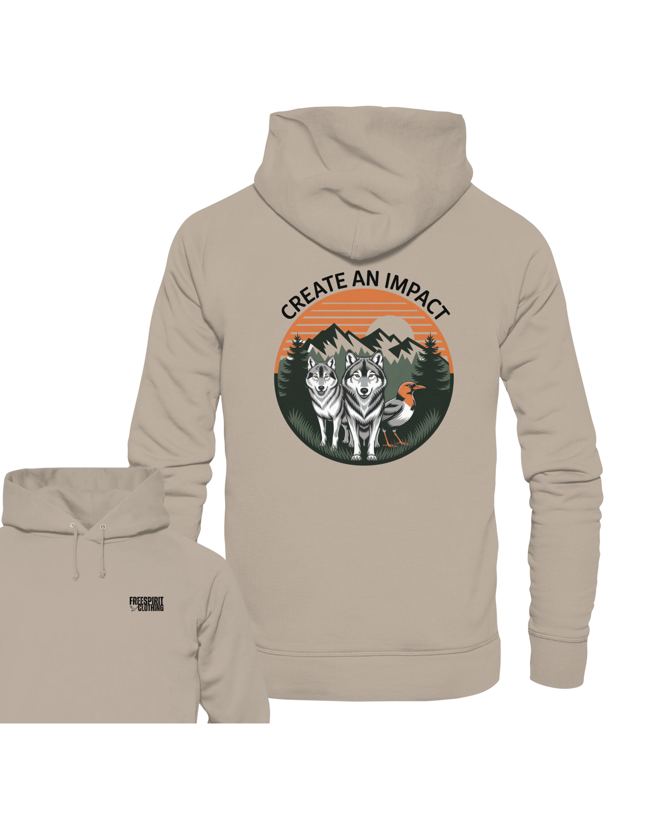 Khakifarbener Bio-Baumwoll-Hoodie mit Wolf- und Vogelmotiv, nachhaltige Outdoor-Bekleidung. - Create an Impact – Wildlife Edition (Wolves & Bird) - Organic Hoodie