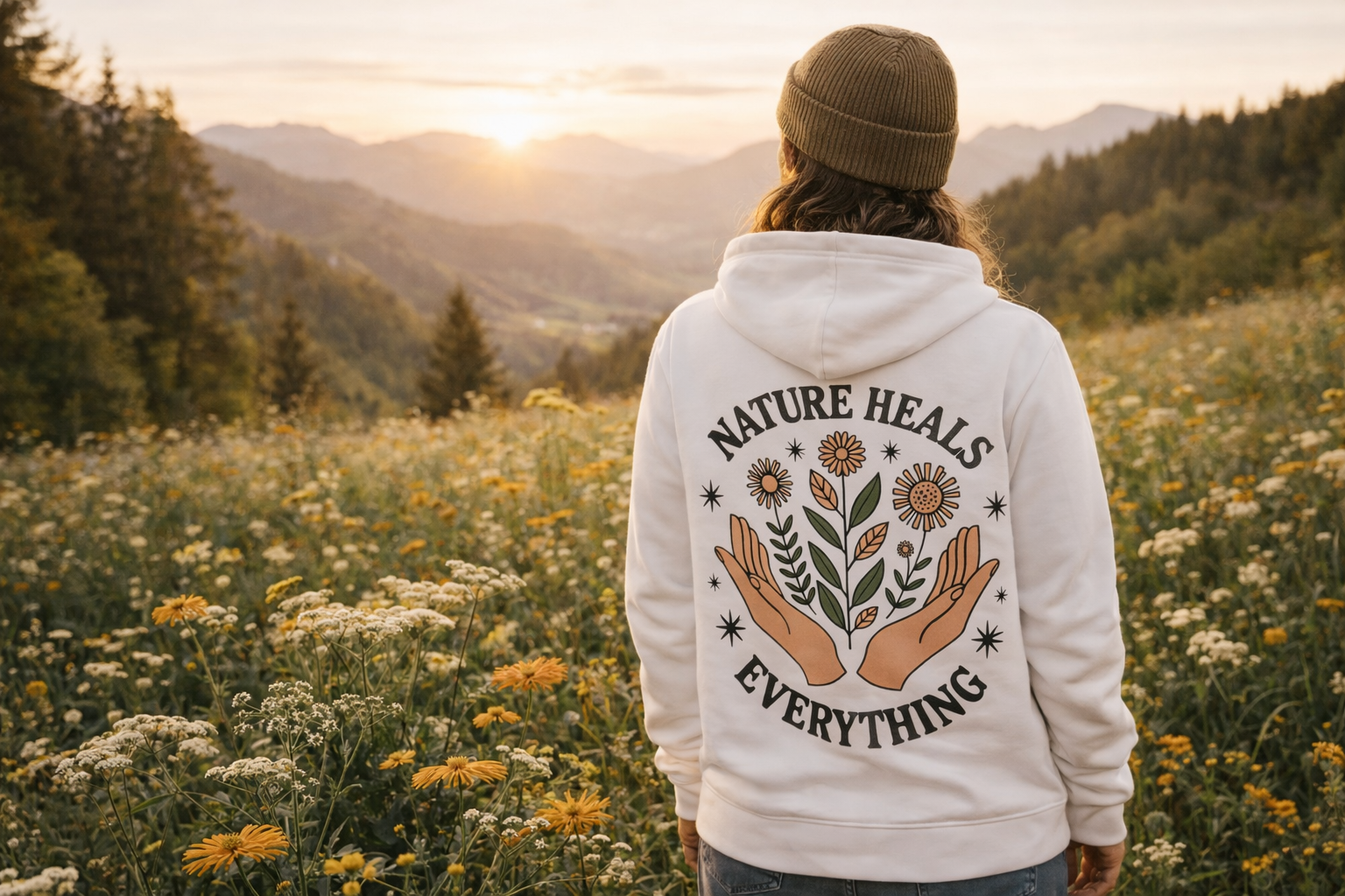 Weißer Bio-Baumwolle Hoodie mit Naturmotiv auf dem Rücken, nachhaltige Outdoor-Bekleidung. - Nature Heals Everything - Organic Hoodie