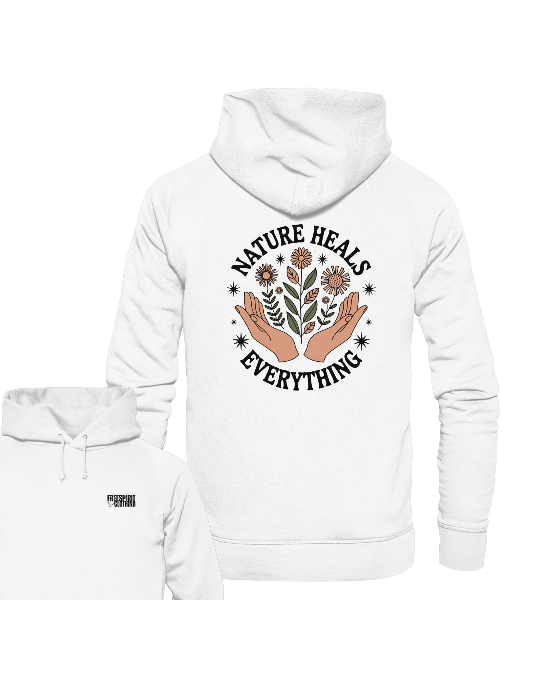 Weißer Organic Hoodie aus Bio-Baumwolle mit nachhaltigem Naturmotiv und Schriftzug "Nature Heals Everything" auf der. - Nature Heals Everything - Organic Hoodie
