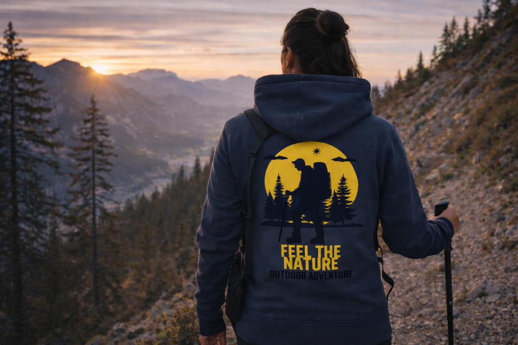 Dunkelblauer Bio-Baumwolle Hoodie mit gelbem Naturmotiv, Organic Outdoor Apparel. - FEEL THE NATURE – Outdoor Adventure - Organic Hoodie