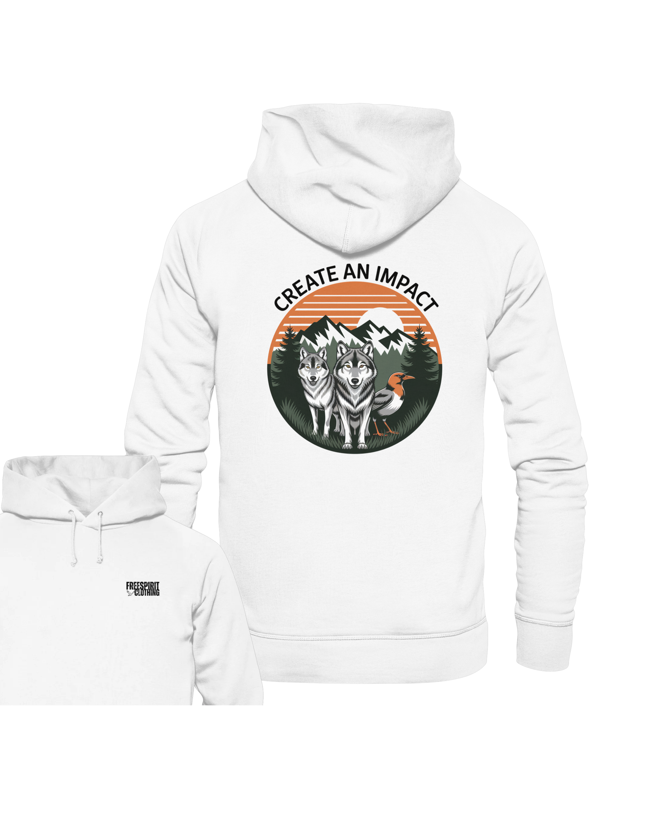 Weißer Bio-Baumwolle Hoodie mit Wolf- und Vogel-Design, nachhaltige Outdoor-Bekleidung. - Create an Impact – Wildlife Edition (Wolves & Bird) - Organic Hoodie