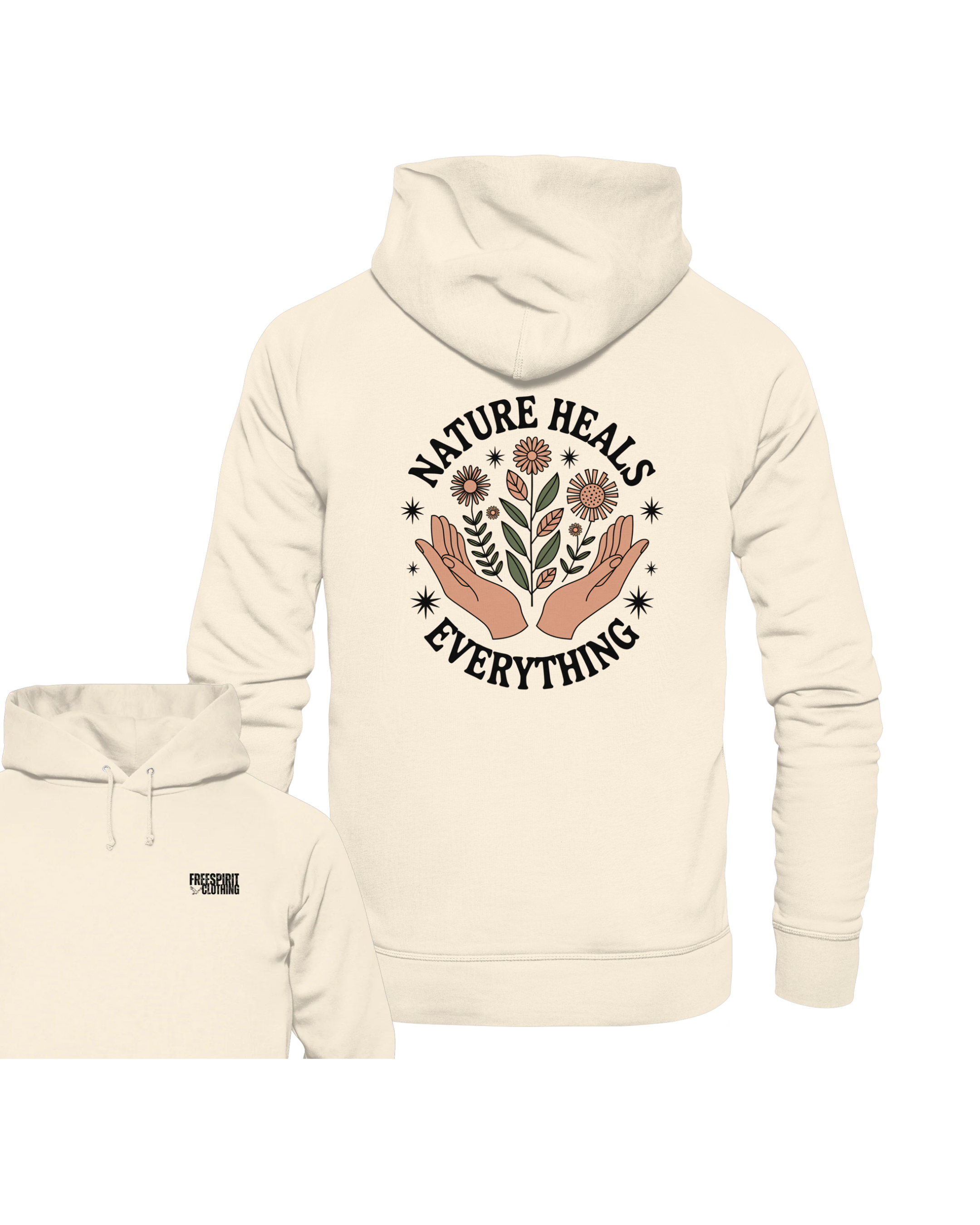 Beiger Organic Hoodie aus Bio-Baumwolle mit nachhaltigem Natur-Print, umweltfreundliche Outdoor-Bekleidung. - Nature Heals Everything - Organic Hoodie