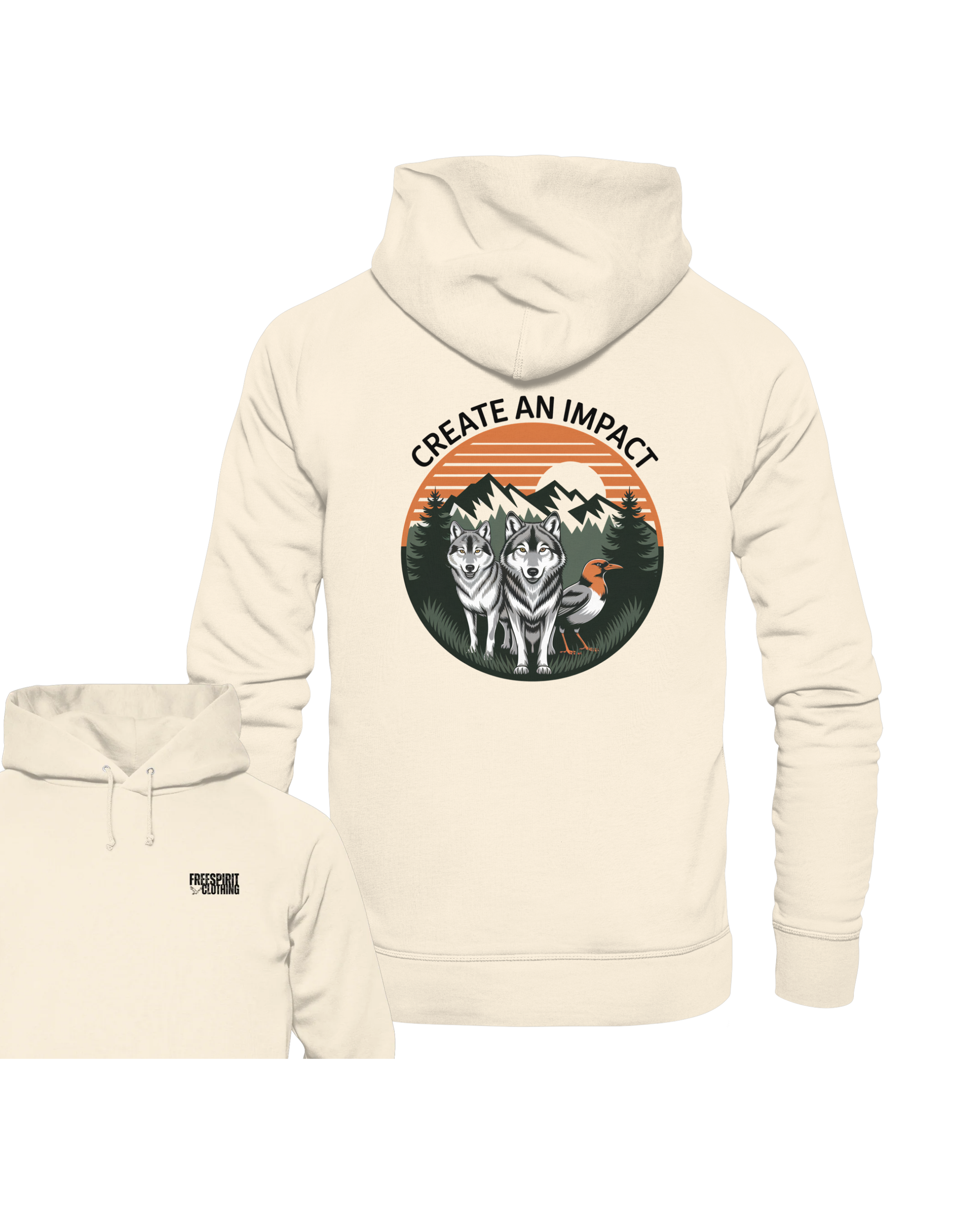 Beiger Bio-Baumwolle Hoodie mit Wolf- und Vogeldruck, nachhaltige Outdoor-Bekleidung. - Create an Impact – Wildlife Edition (Wolves & Bird) - Organic Hoodie