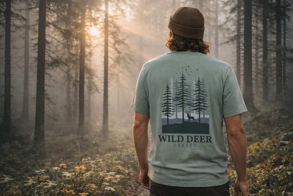 Khaki grünes WILD DEER Forest Edition Shirt aus Bio-Baumwolle mit nachhaltigem Wald-Print, nachhaltige Outdoor-Bekleidung. - WILD DEER – Forest Edition - Organic Shirt