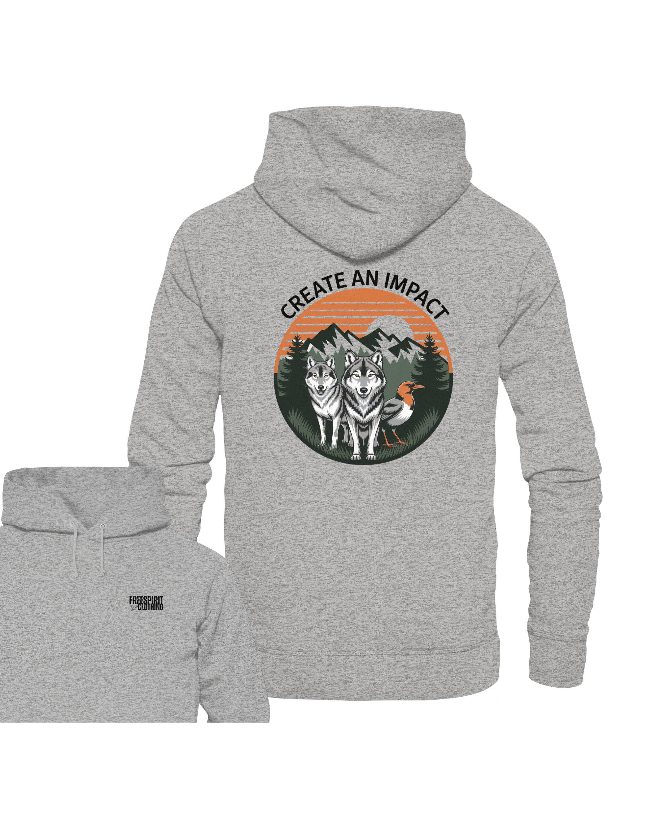 Grau melierter Bio-Baumwoll-Hoodie mit Wolfs- und Vogel-Print, nachhaltige Outdoor-Bekleidung. - Create an Impact – Wildlife Edition (Wolves & Bird) - Organic Hoodie