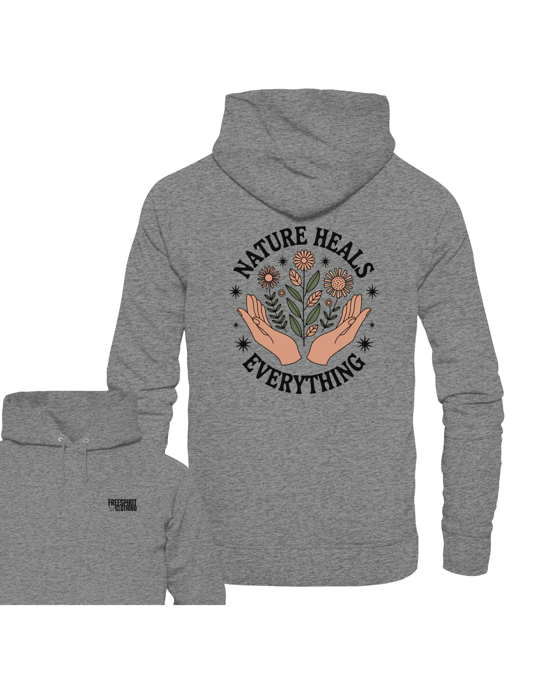 Grauer Bio-Baumwolle Hoodie mit Kapuze, nachhaltige Outdoor-Bekleidung, Natur-Motiv hinten, umweltfreundliche Mode. - Nature Heals Everything - Organic Hoodie