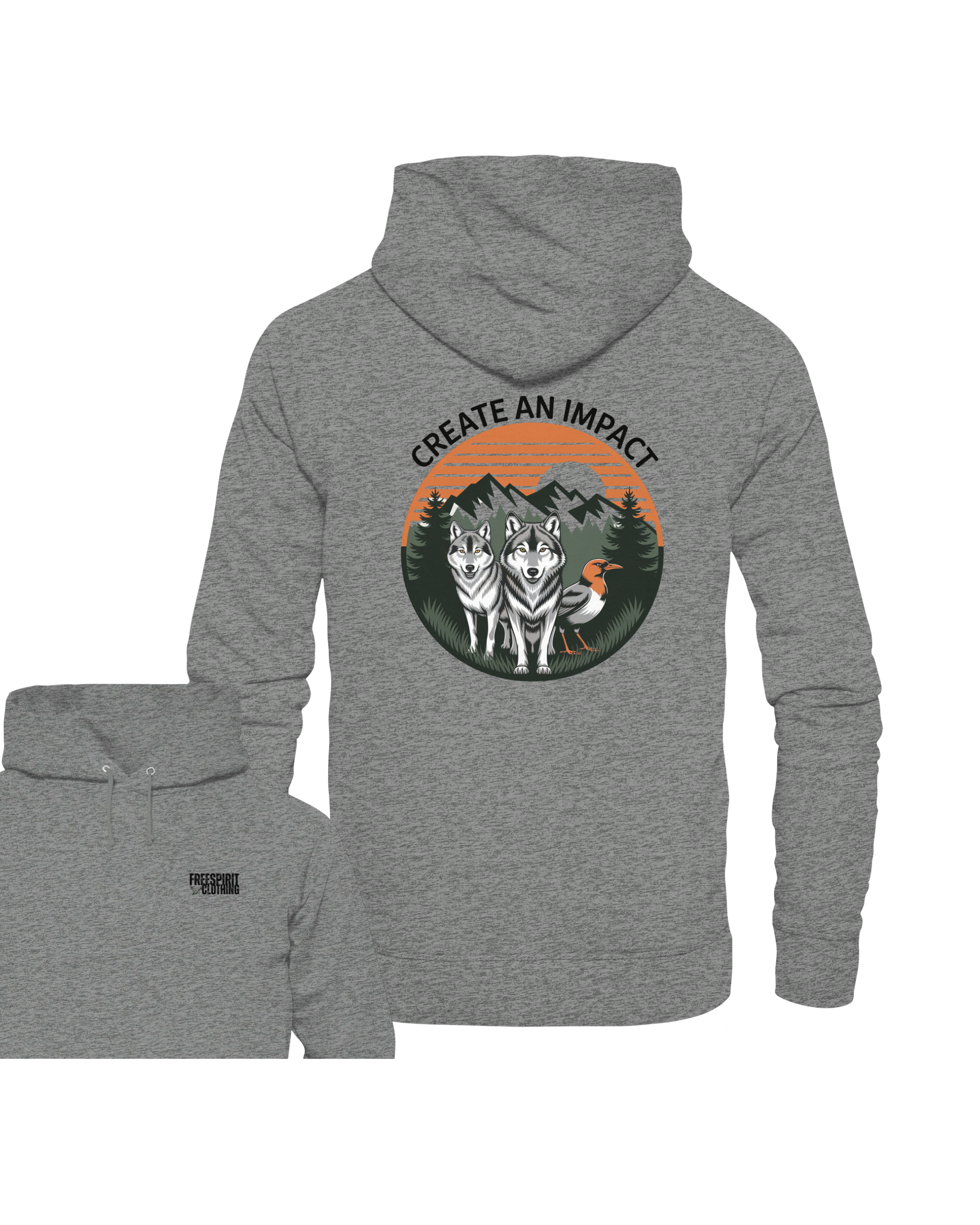 Grau melierter Bio-Baumwoll-Hoodie mit Wolf- und Vogelmotiv, nachhaltige Outdoor-Bekleidung. - Create an Impact – Wildlife Edition (Wolves & Bird) - Organic Hoodie