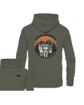 Khaki Bio-Baumwolle Hoodie mit Wolfs- und Vogel-Design, nachhaltige Outdoor-Bekleidung. - Create an Impact – Wildlife Edition (Wolves & Bird) - Organic Hoodie
