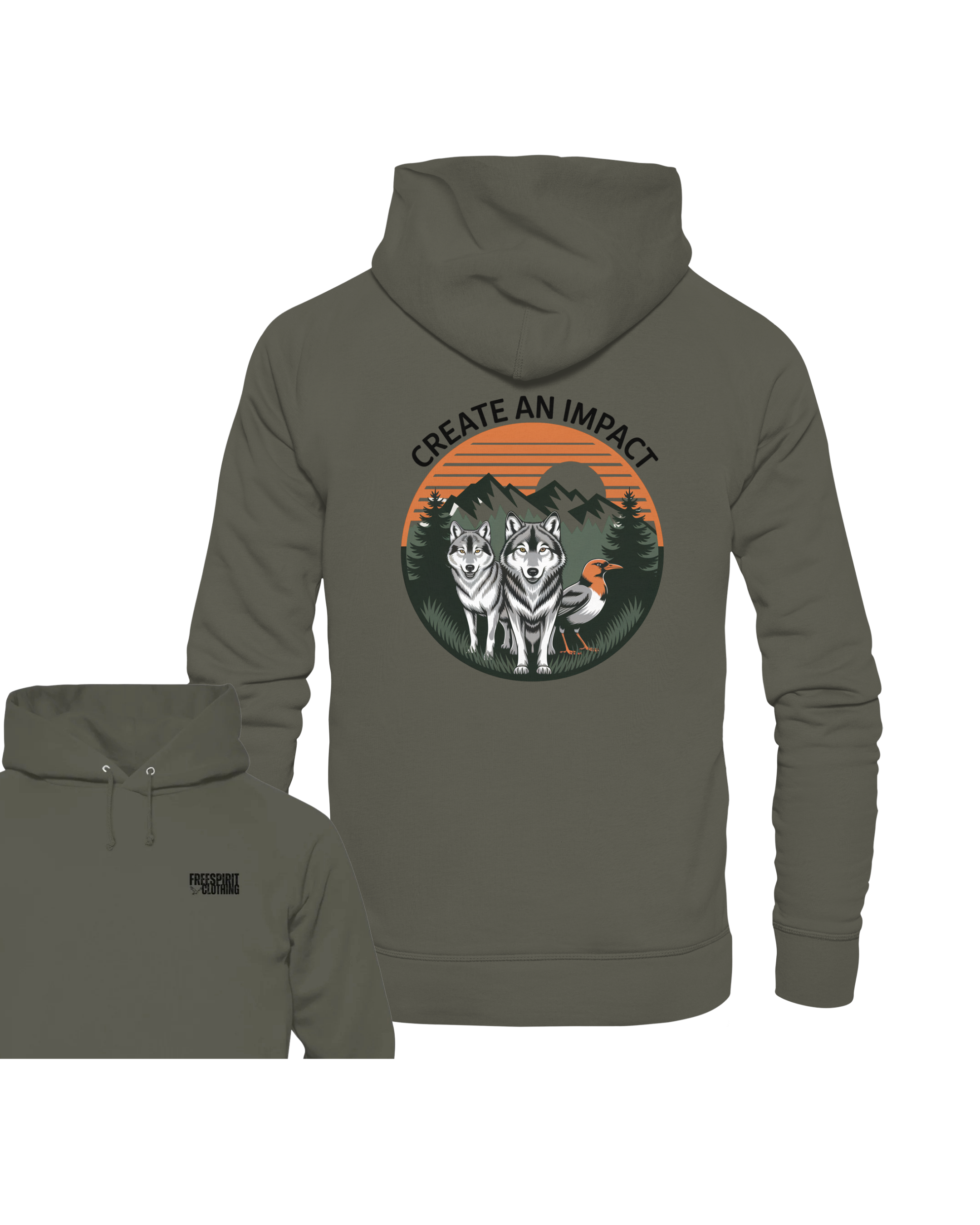Khaki Bio-Baumwolle Hoodie mit Wolfs- und Vogel-Design, nachhaltige Outdoor-Bekleidung. - Create an Impact – Wildlife Edition (Wolves & Bird) - Organic Hoodie