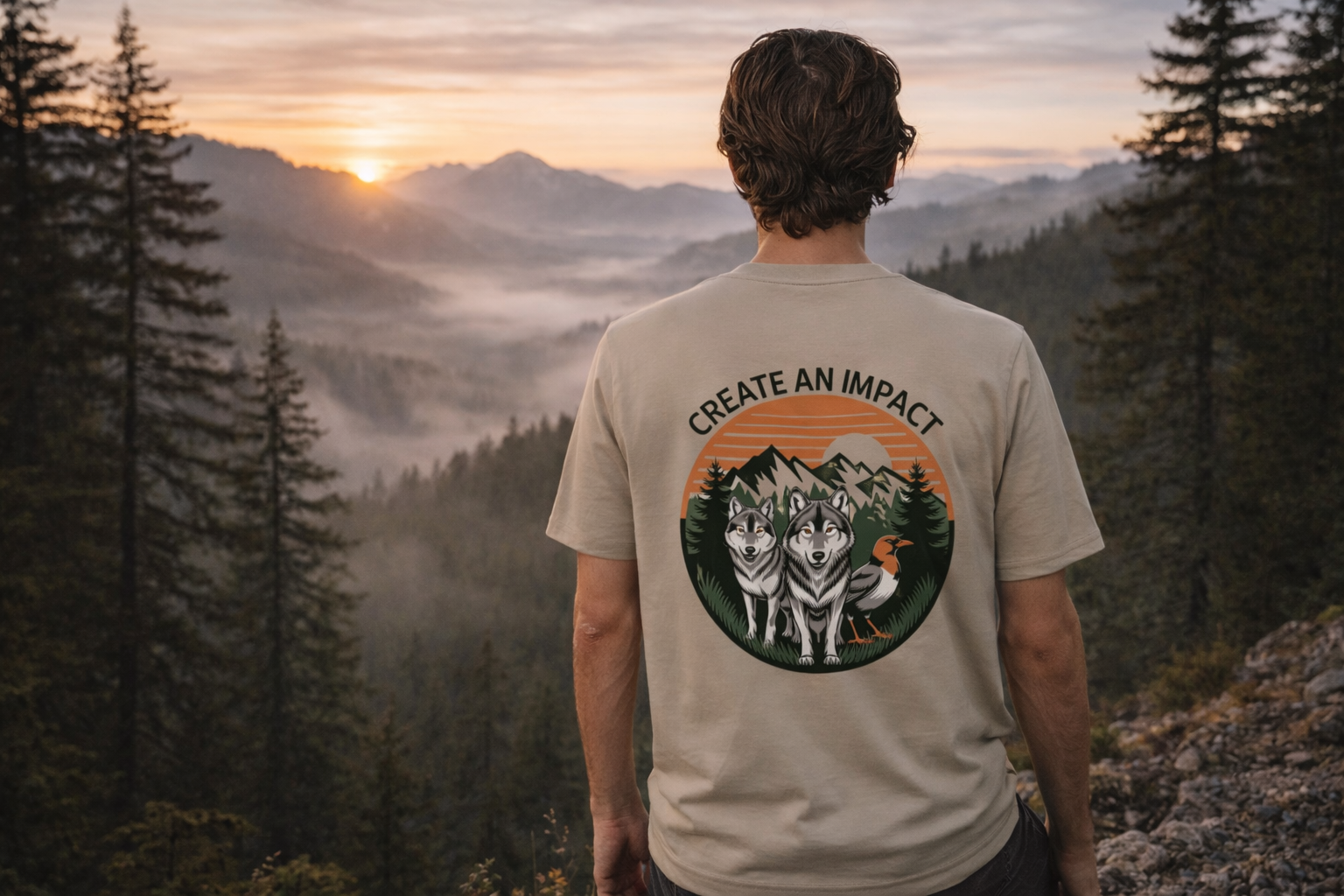 Beiges Bio-Baumwolle-Shirt mit Wolf- und Vogel-Design, nachhaltige Outdoor-Bekleidung. - Create an Impact – Wildlife Edition (Wolves & Bird) - Organic Shirt