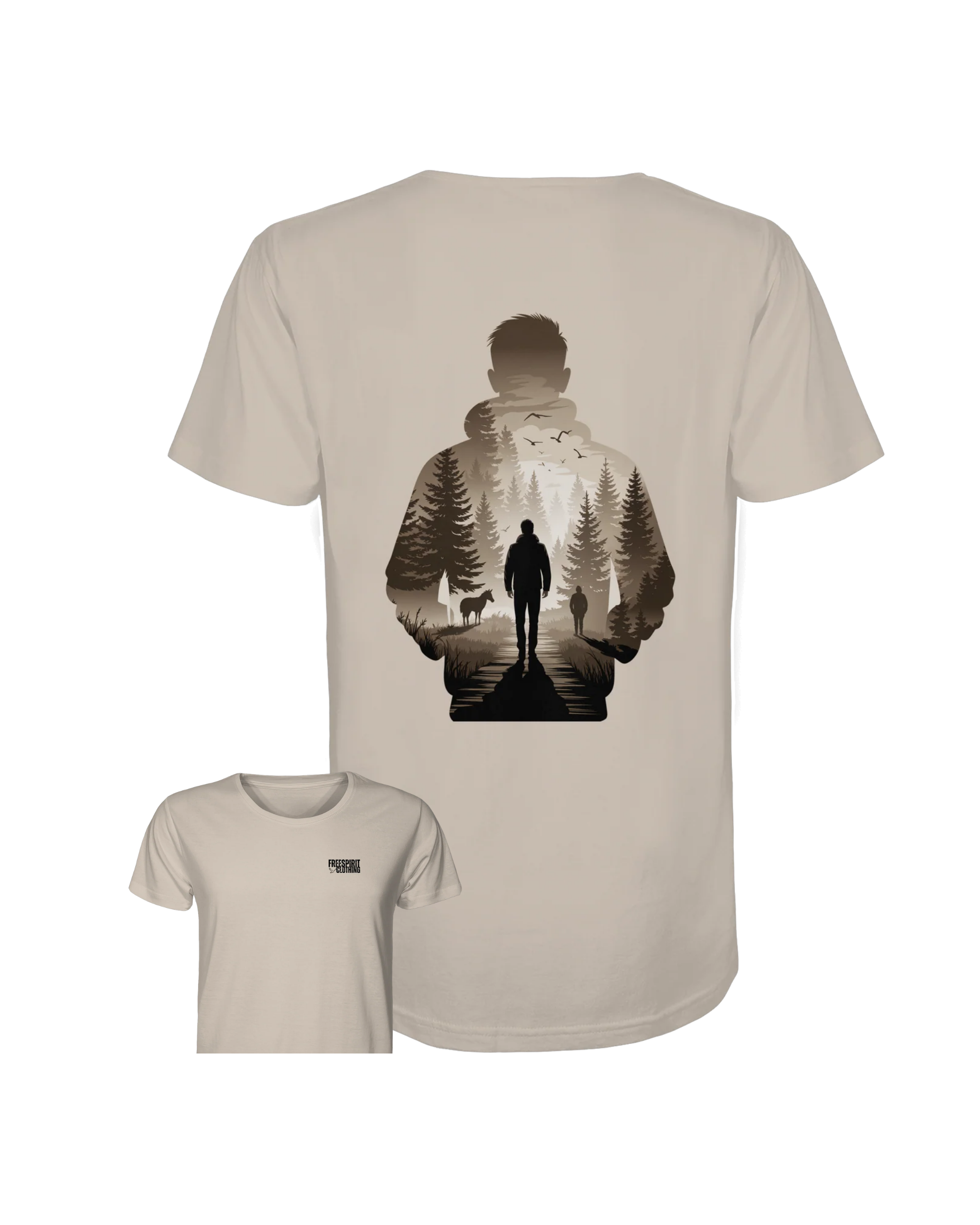 Beiges Bio-Baumwollshirt mit nachhaltigem Outdoor-Motiv auf der Rückseite, Umweltfreundliche Mode. - Into the Wild Within - Organic Shirt