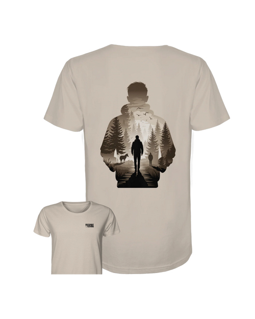 Beiges Bio-Baumwollshirt mit nachhaltigem Outdoor-Motiv auf der Rückseite, Umweltfreundliche Mode. - Into the Wild Within - Organic Shirt