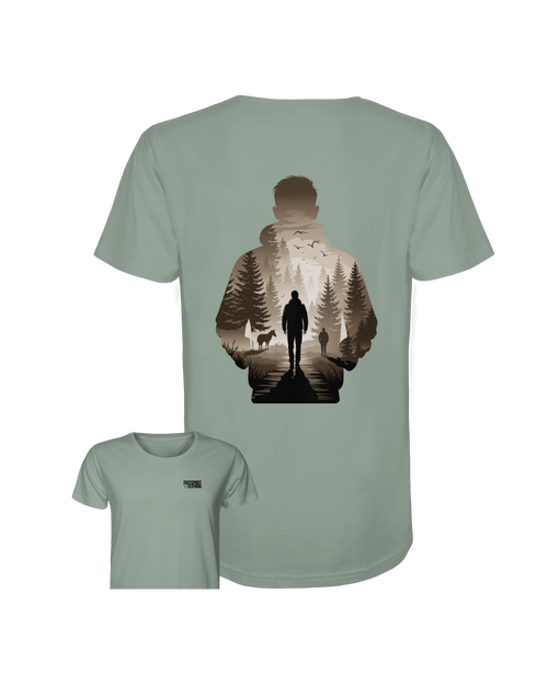 Olivgrünes Bio-Baumwolle Shirt mit nachhaltigem Wildnis-Design auf der Rückseite, Organic Outdoor Apparel. - Into the Wild Within - Organic Shirt