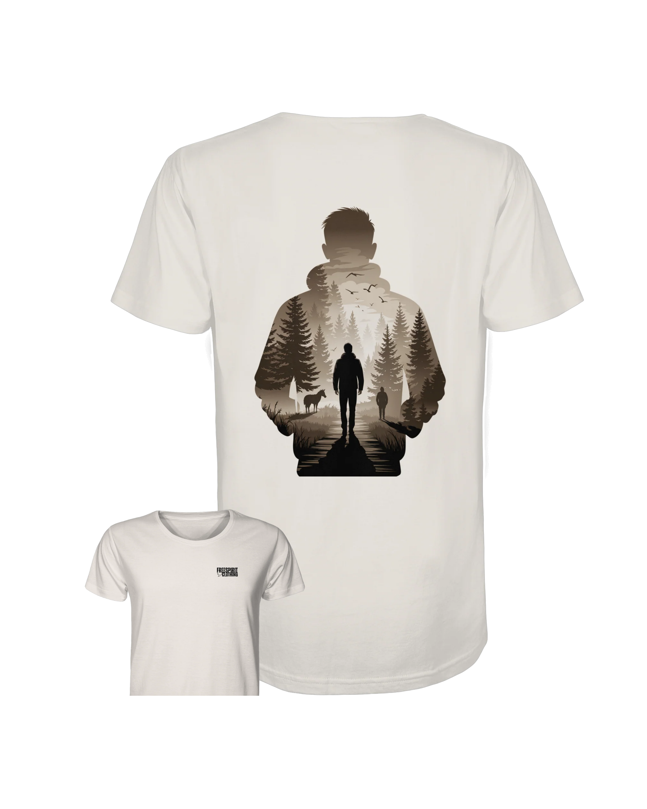 Off White Bio-Baumwolle Shirt mit nachhaltigem Wald- und Wanderer-Design, umweltfreundliche Mode. - Into the Wild Within - Organic Shirt