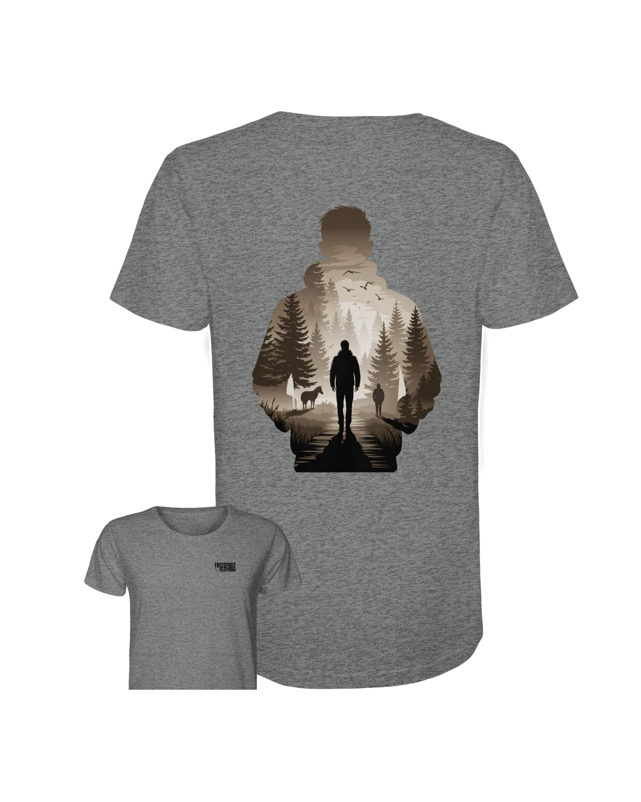 Graues Organic Shirt aus Bio-Baumwolle mit nachhaltigem Outdoor-Motiv und minimalistischer Frontgestaltung. - Into the Wild Within - Organic Shirt