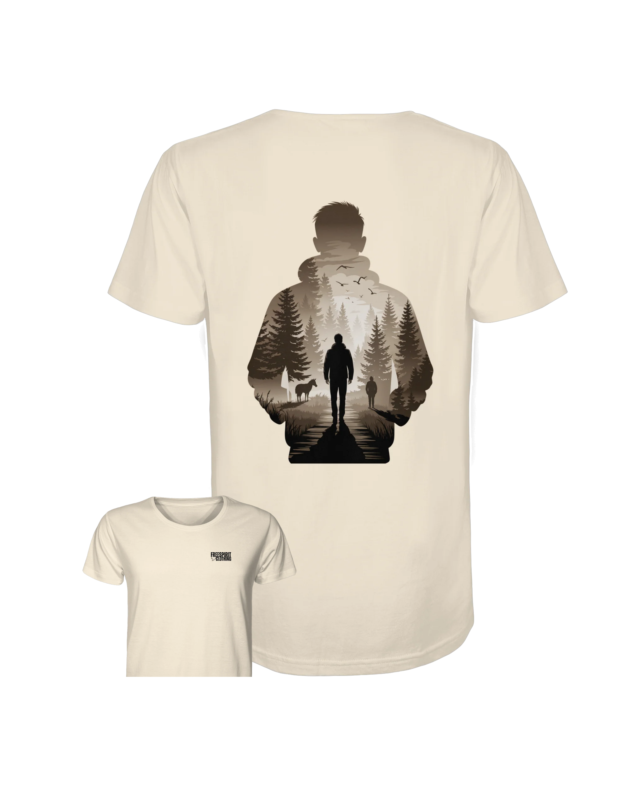 Beiges Organic Shirt aus Bio-Baumwolle mit nachhaltigem Wald-Motiv für Outdoor-Bekleidung. - Into the Wild Within - Organic Shirt