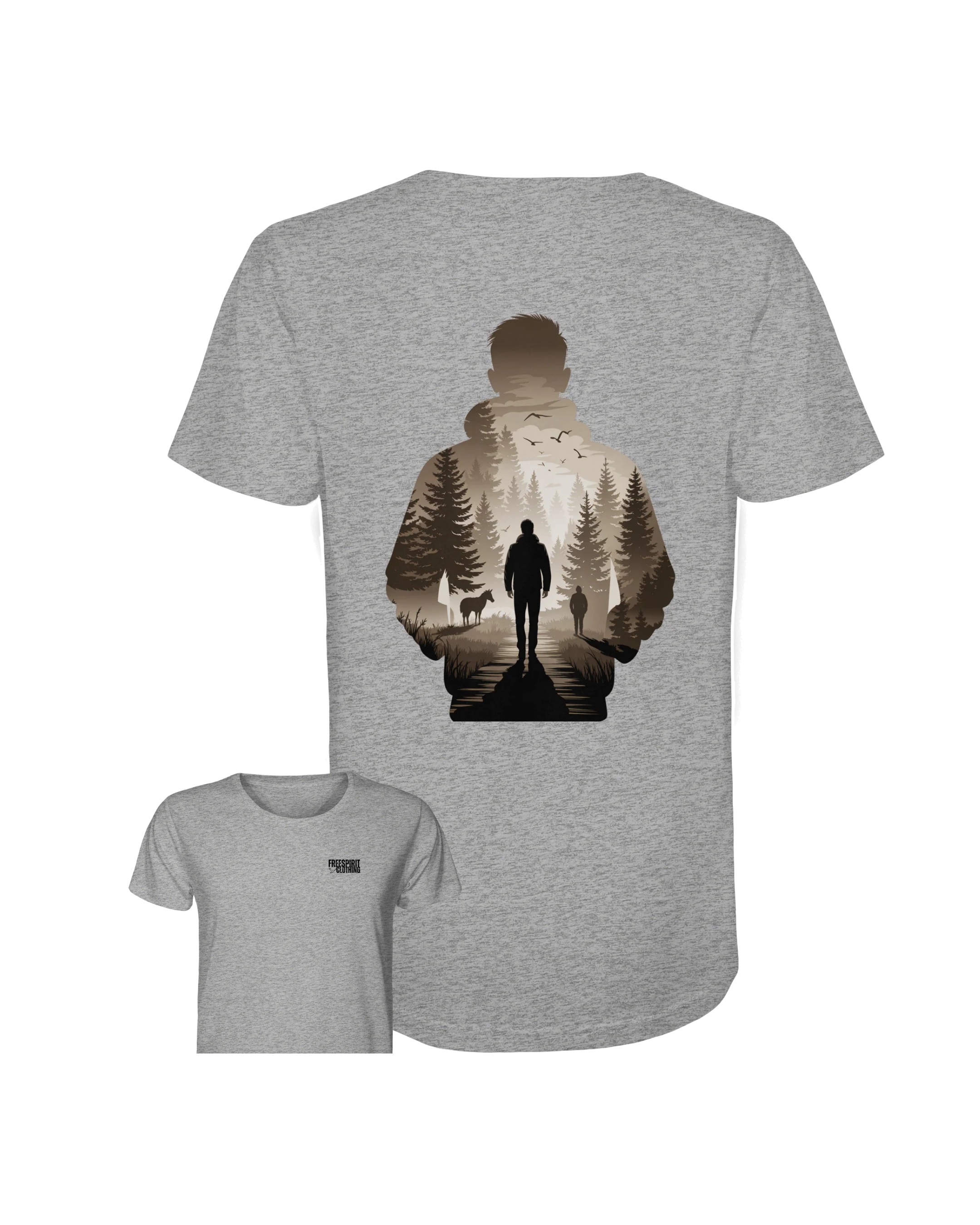 Graues Bio Baumwolle Shirt mit Wanderer und Waldmotiv auf der Rückseite, nachhaltige Outdoor-Bekleidung. - Into the Wild Within - Organic Shirt