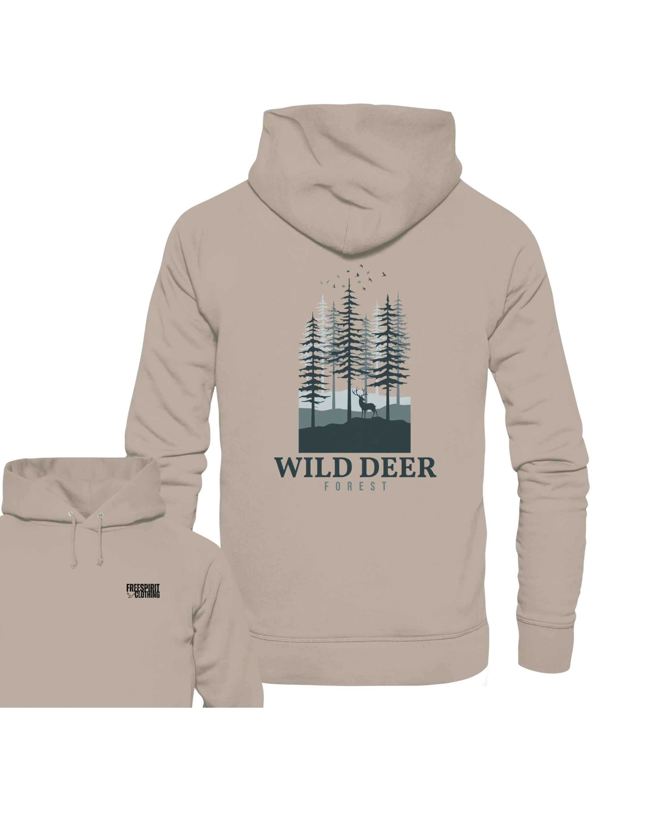 Beiger Bio-Baumwolle Hoodie mit Wald-Print auf der Rückseite, nachhaltige Outdoor-Bekleidung. - WILD DEER – Forest Edition - Organic Hoodie