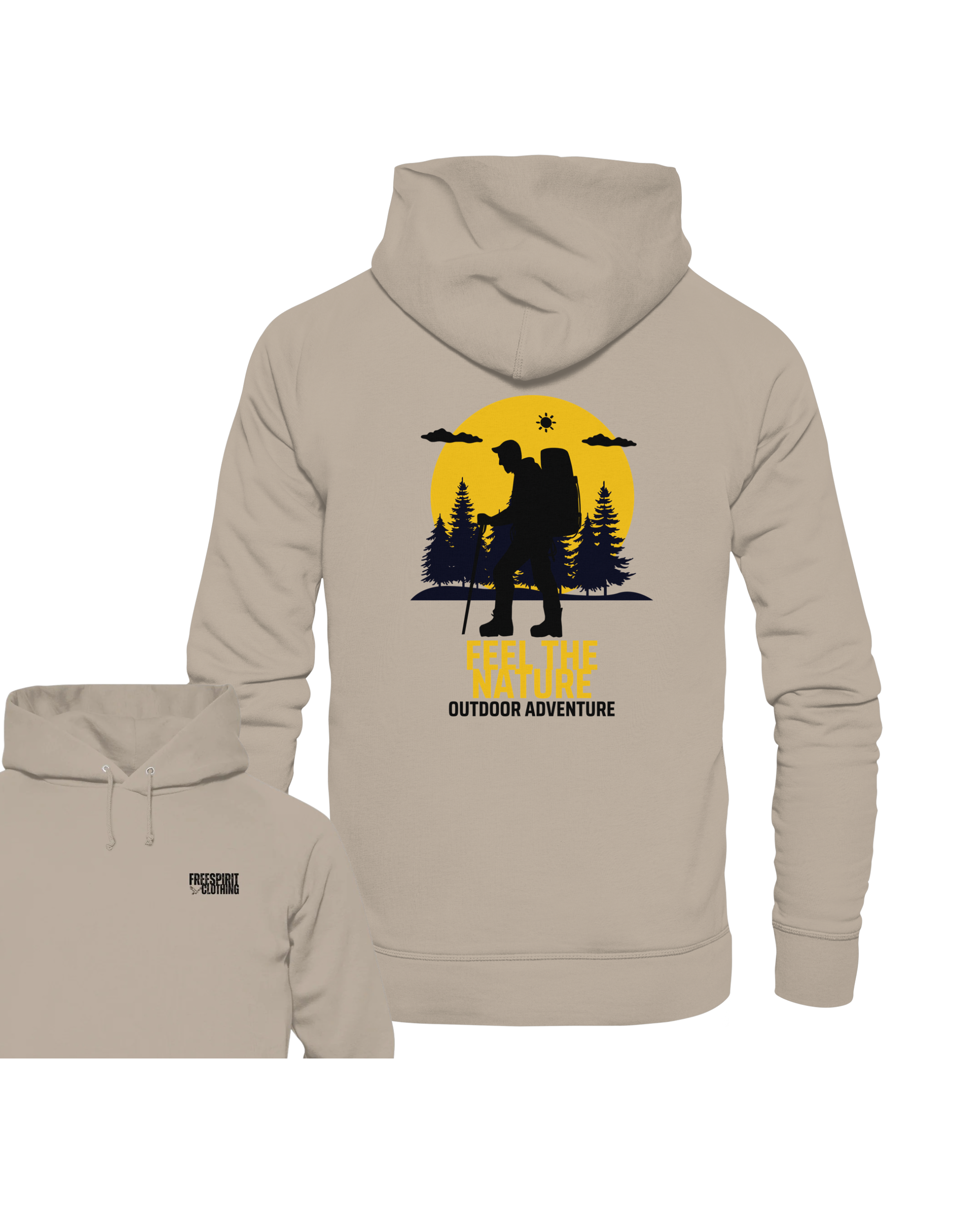 Khaki Hoodie aus Bio-Baumwolle mit nachhaltigem Outdoor-Motiv, umweltfreundliche Mode. - FEEL THE NATURE – Outdoor Adventure - Organic Hoodie