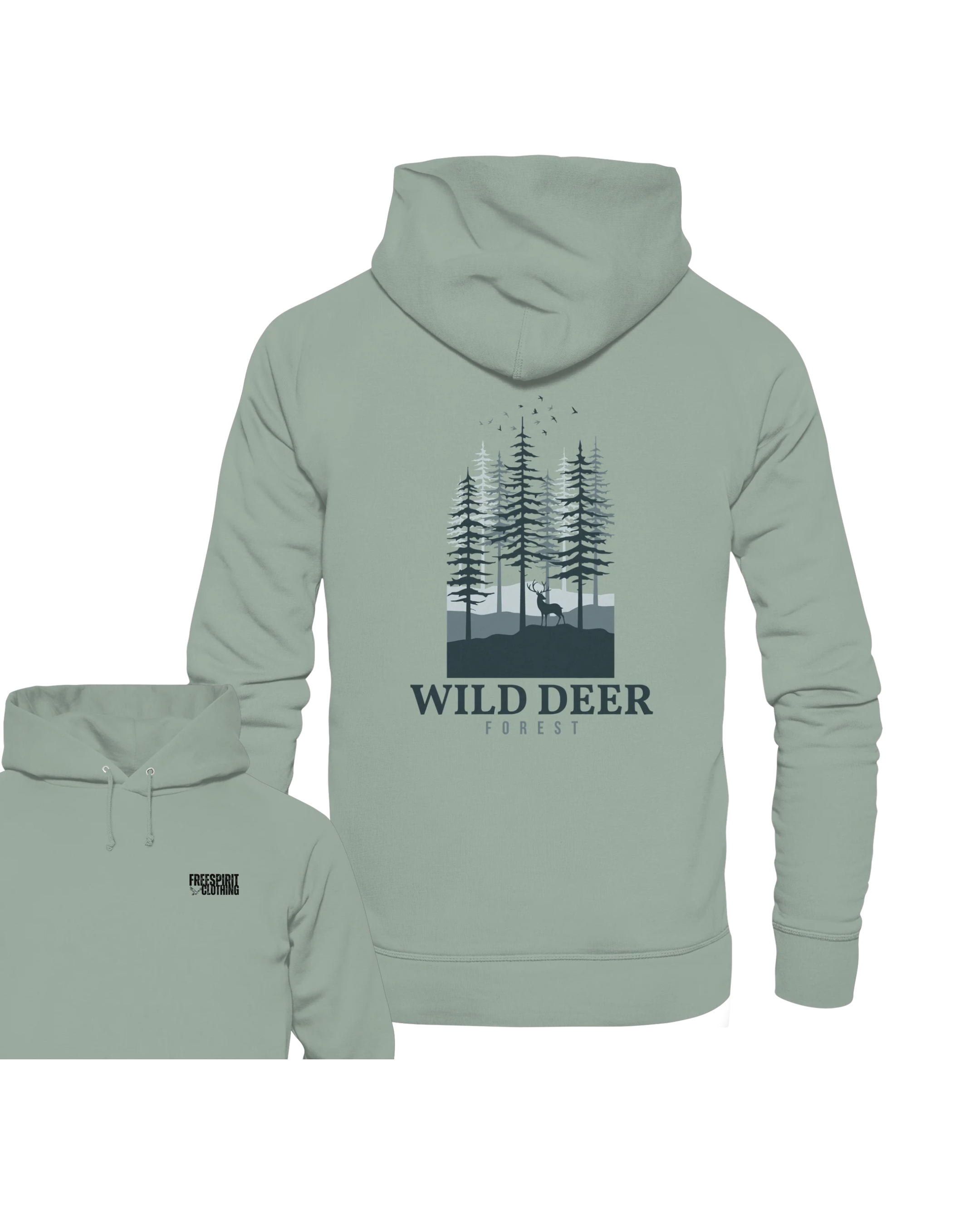 Khakifarbener Organic Hoodie mit Wald-Print, nachhaltige Outdoor-Bekleidung aus Bio-Baumwolle. - WILD DEER – Forest Edition - Organic Hoodie
