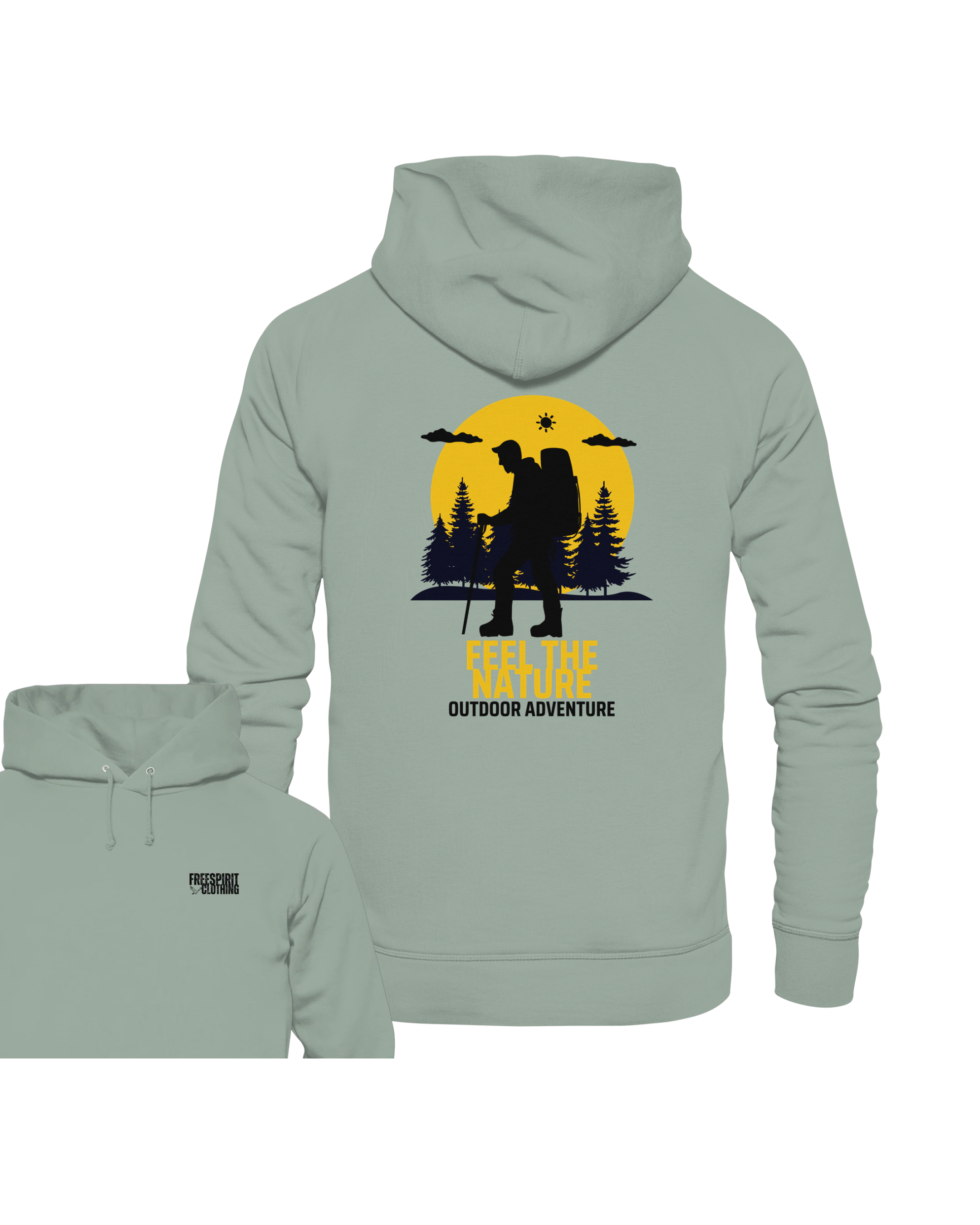 Khaki Hoodie aus Bio-Baumwolle mit Outdoor-Abenteuer-Grafik, nachhaltige Outdoor-Bekleidung. - FEEL THE NATURE – Outdoor Adventure - Organic Hoodie