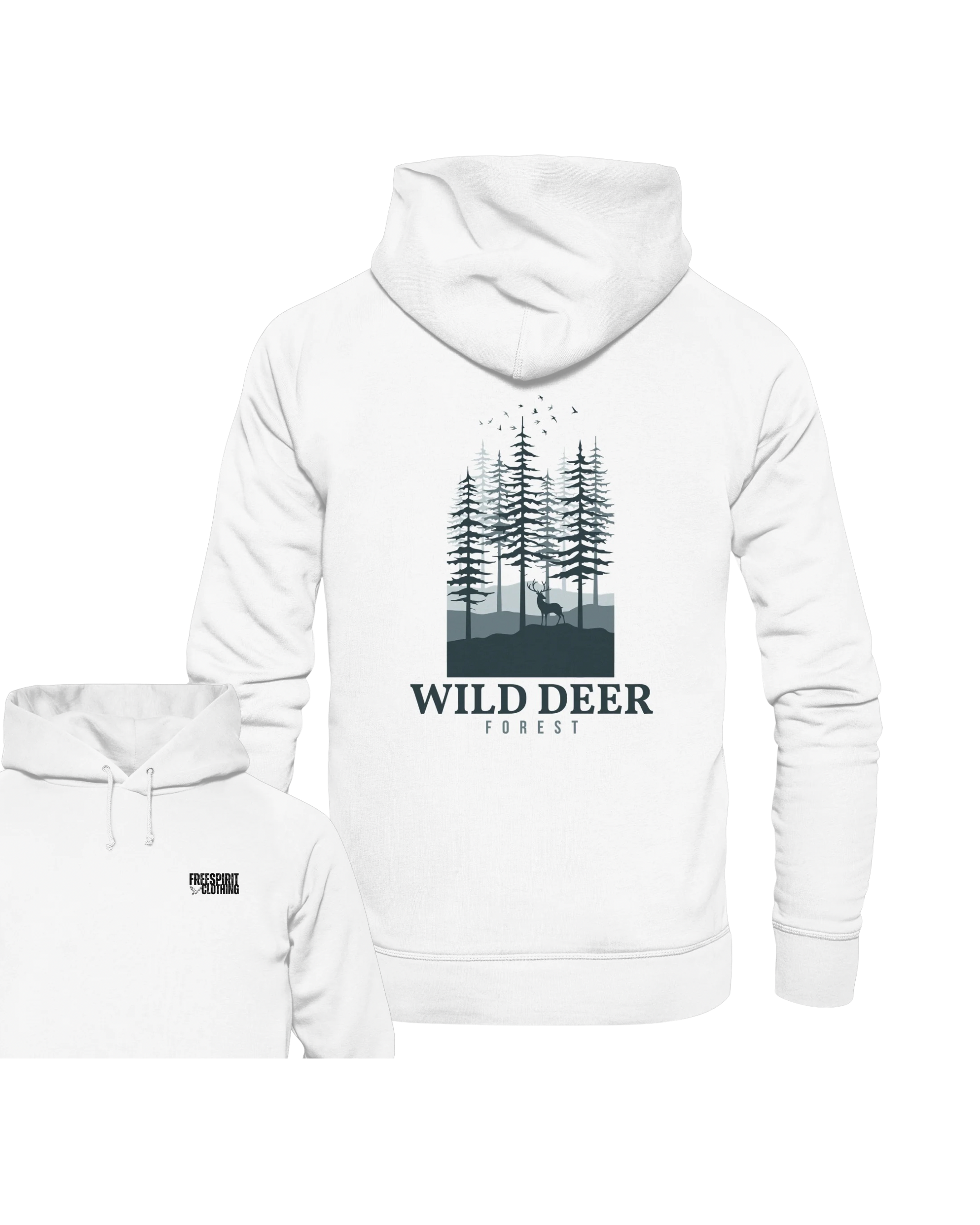 Weißer Bio-Baumwolle Hoodie mit Wald-Motiv, nachhaltige Outdoor-Bekleidung, Organic Outdoor Apparel. - WILD DEER – Forest Edition - Organic Hoodie