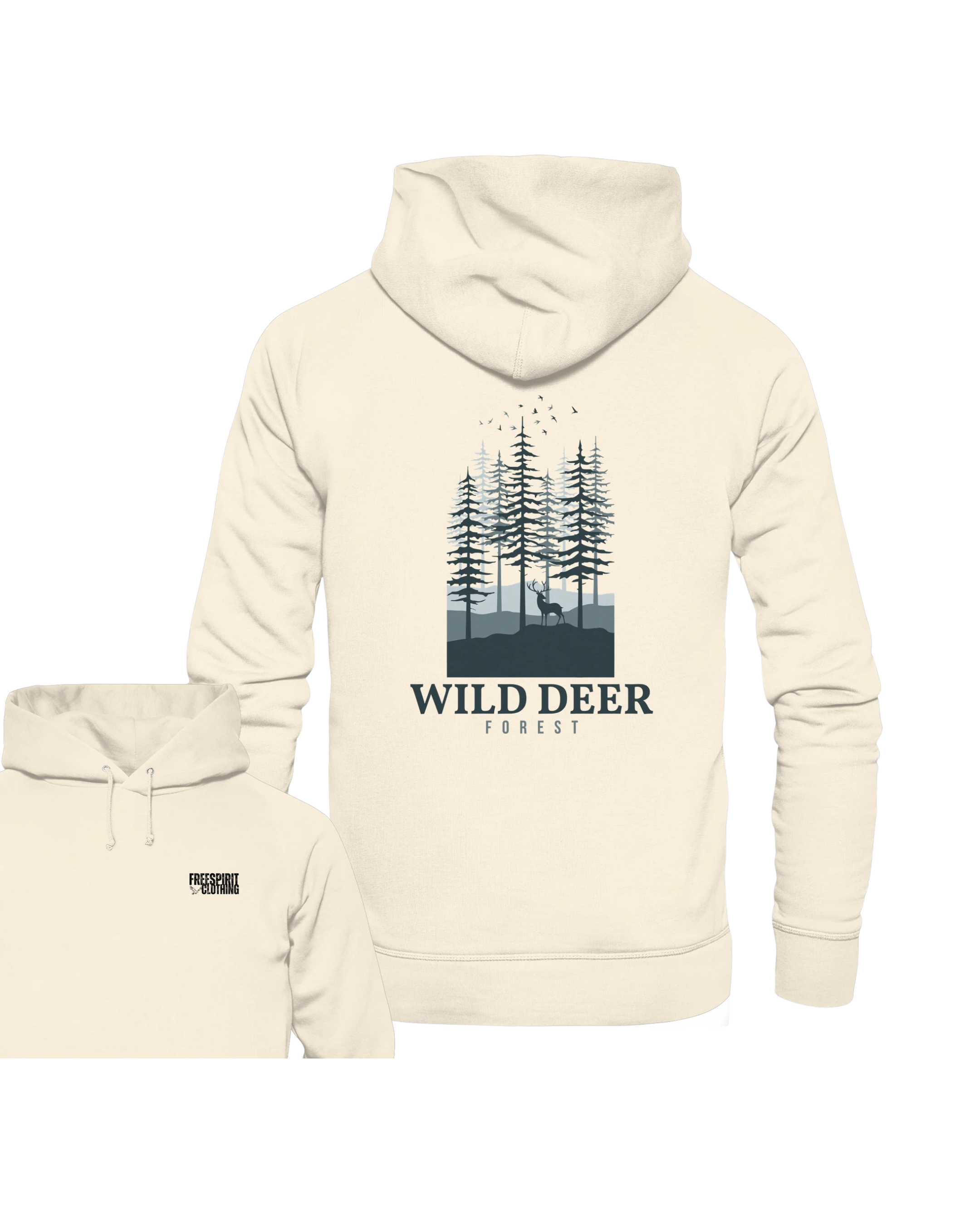 Beiger Bio-Baumwoll Hoodie mit Waldgrafik und Wild Deer Schriftzug, nachhaltige Outdoor-Bekleidung. - WILD DEER – Forest Edition - Organic Hoodie