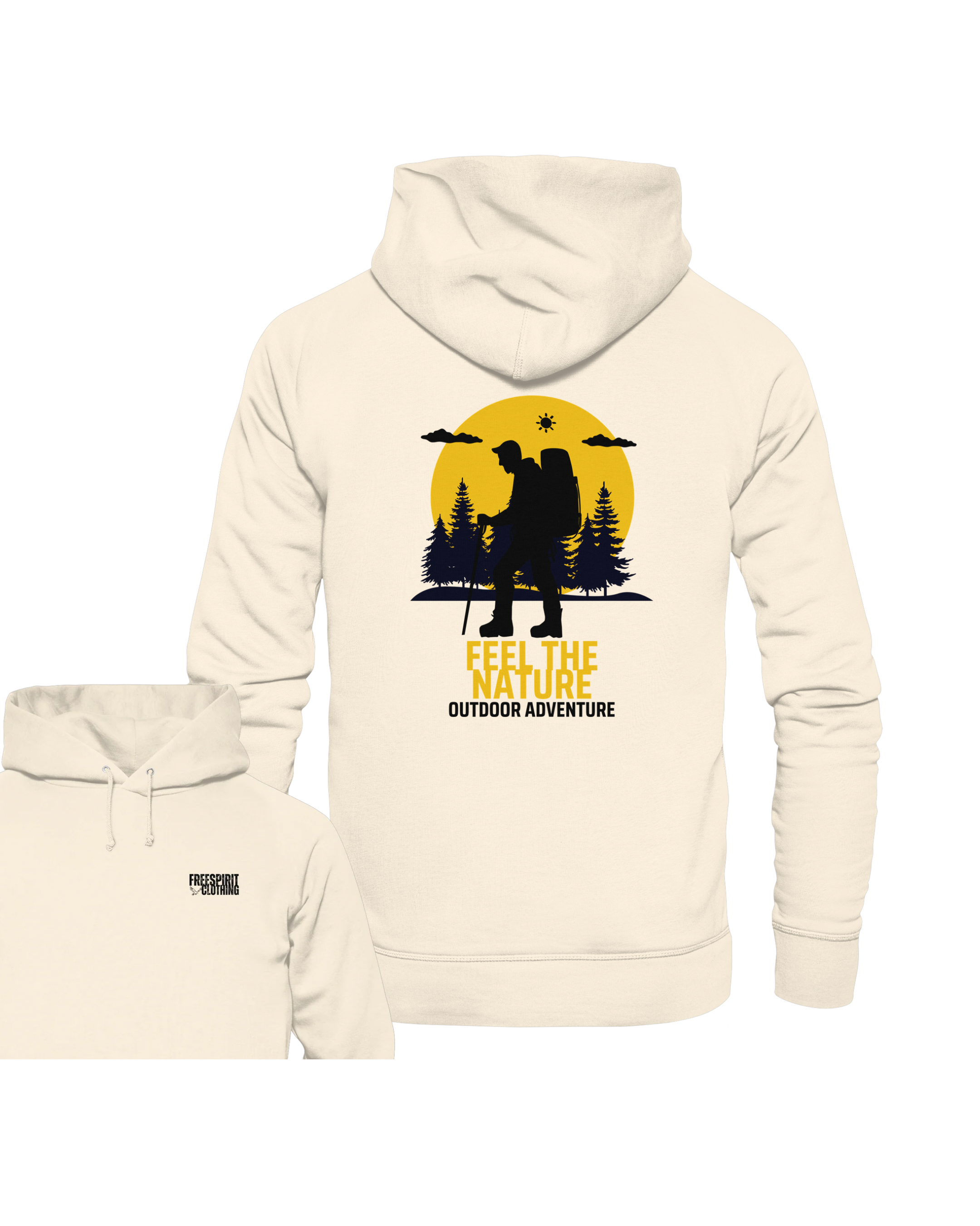 Hoodie in Naturweiß aus Bio-Baumwolle mit nachhaltigem Outdoor-Design und Kapuze. - FEEL THE NATURE – Outdoor Adventure - Organic Hoodie