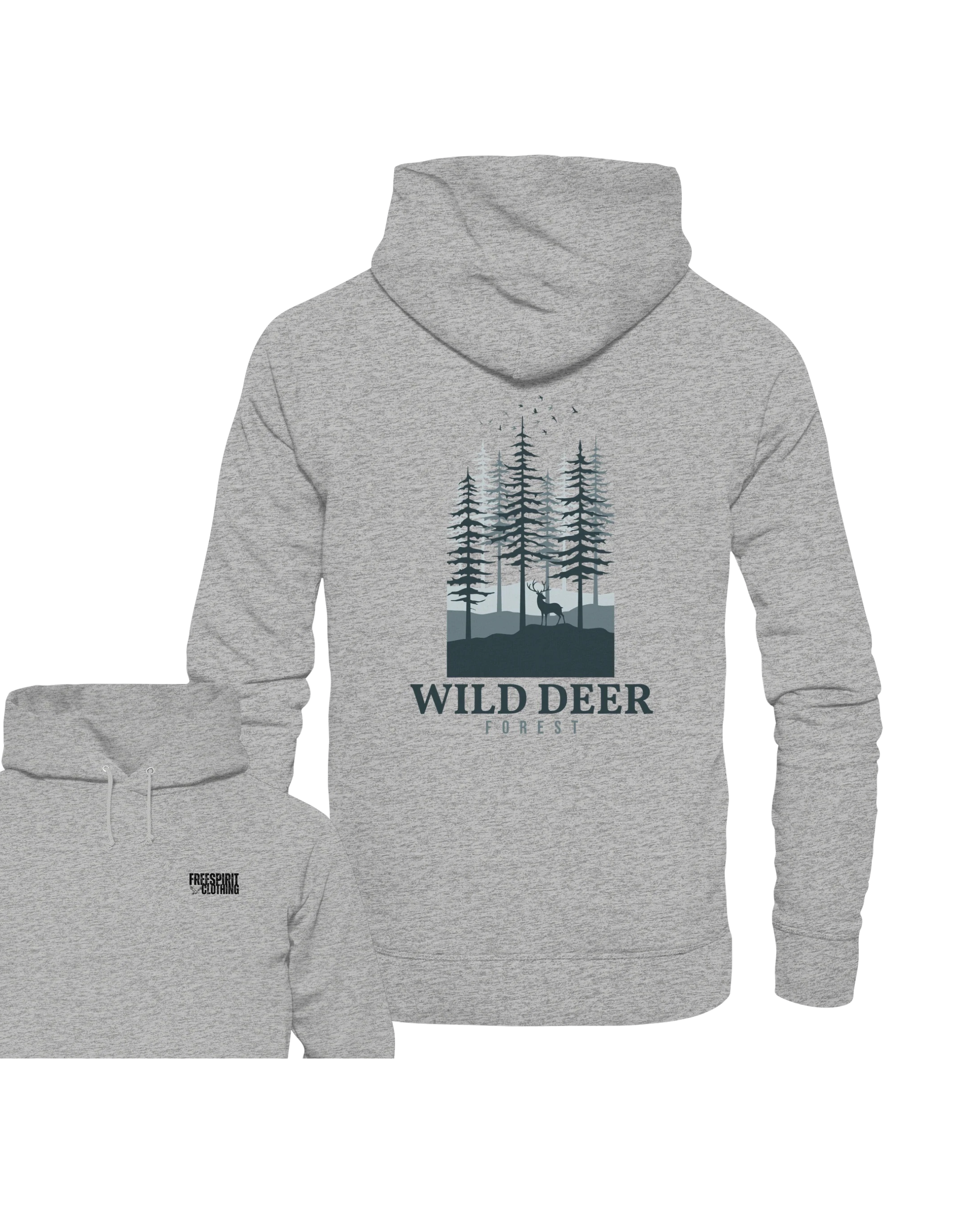 Grau melierter Bio-Baumwolle Hoodie mit Kapuze, Wild Deer Forest Edition Print, nachhaltige Outdoor-Bekleidung. - WILD DEER – Forest Edition - Organic Hoodie