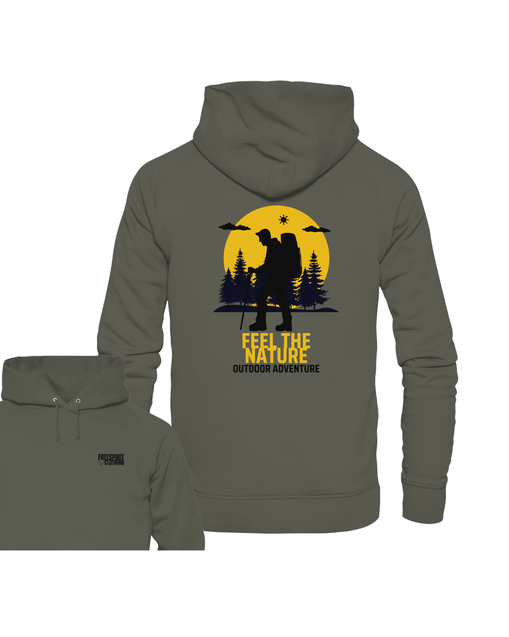 Khaki Bio-Baumwolle Hoodie mit gelbem Natur-Abenteuer-Print, nachhaltige Outdoor-Bekleidung. - FEEL THE NATURE – Outdoor Adventure - Organic Hoodie