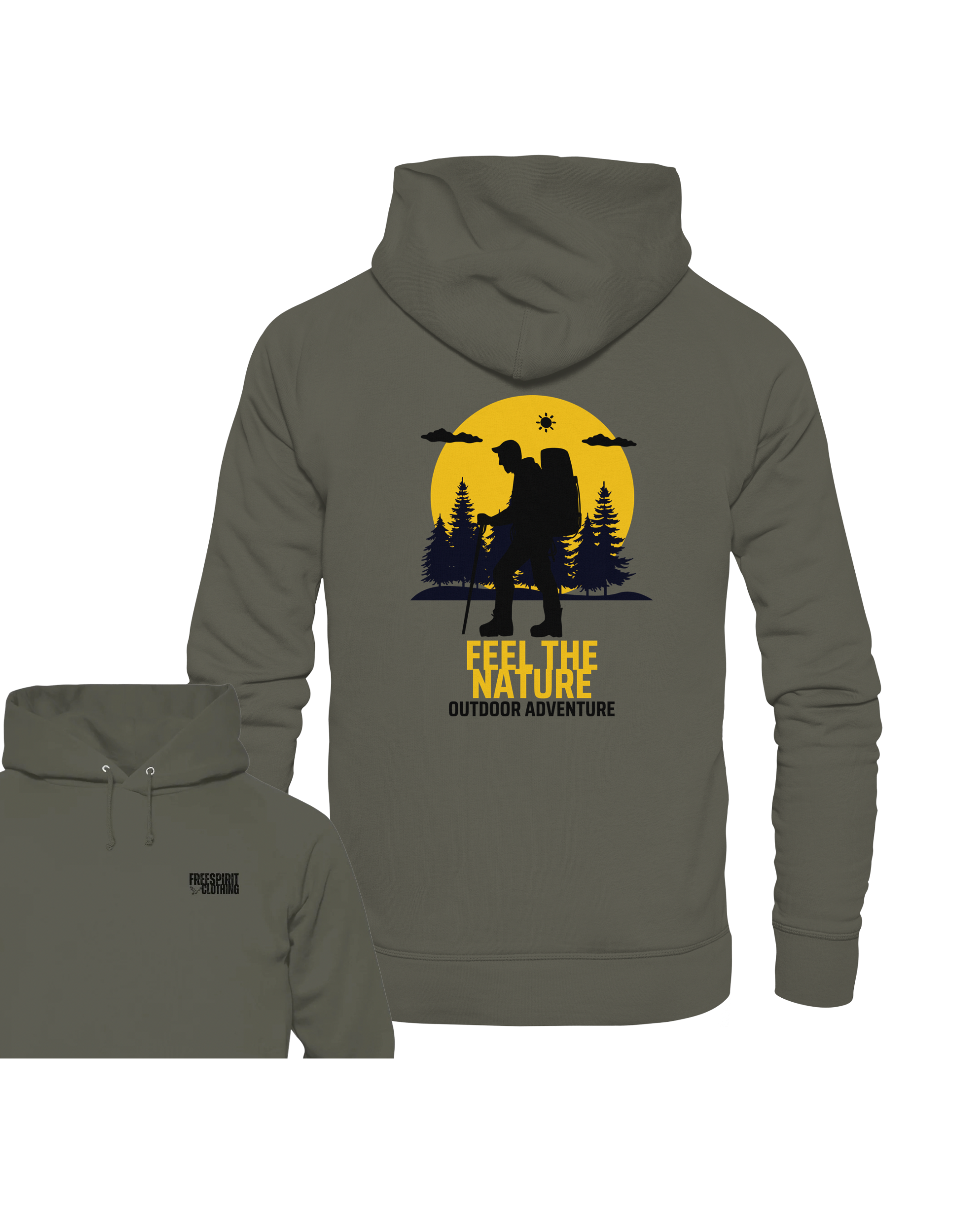 Khaki Bio-Baumwolle Hoodie mit gelbem Natur-Abenteuer-Print, nachhaltige Outdoor-Bekleidung. - FEEL THE NATURE – Outdoor Adventure - Organic Hoodie