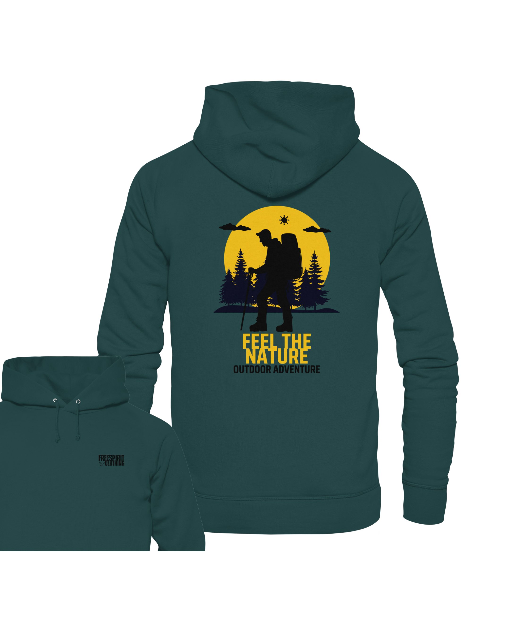 Khakifarbener Bio-Baumwolle Hoodie mit nachhaltigem Outdoor-Design und gelbem Natur-Motiv auf dem Rücken. - FEEL THE NATURE – Outdoor Adventure - Organic Hoodie