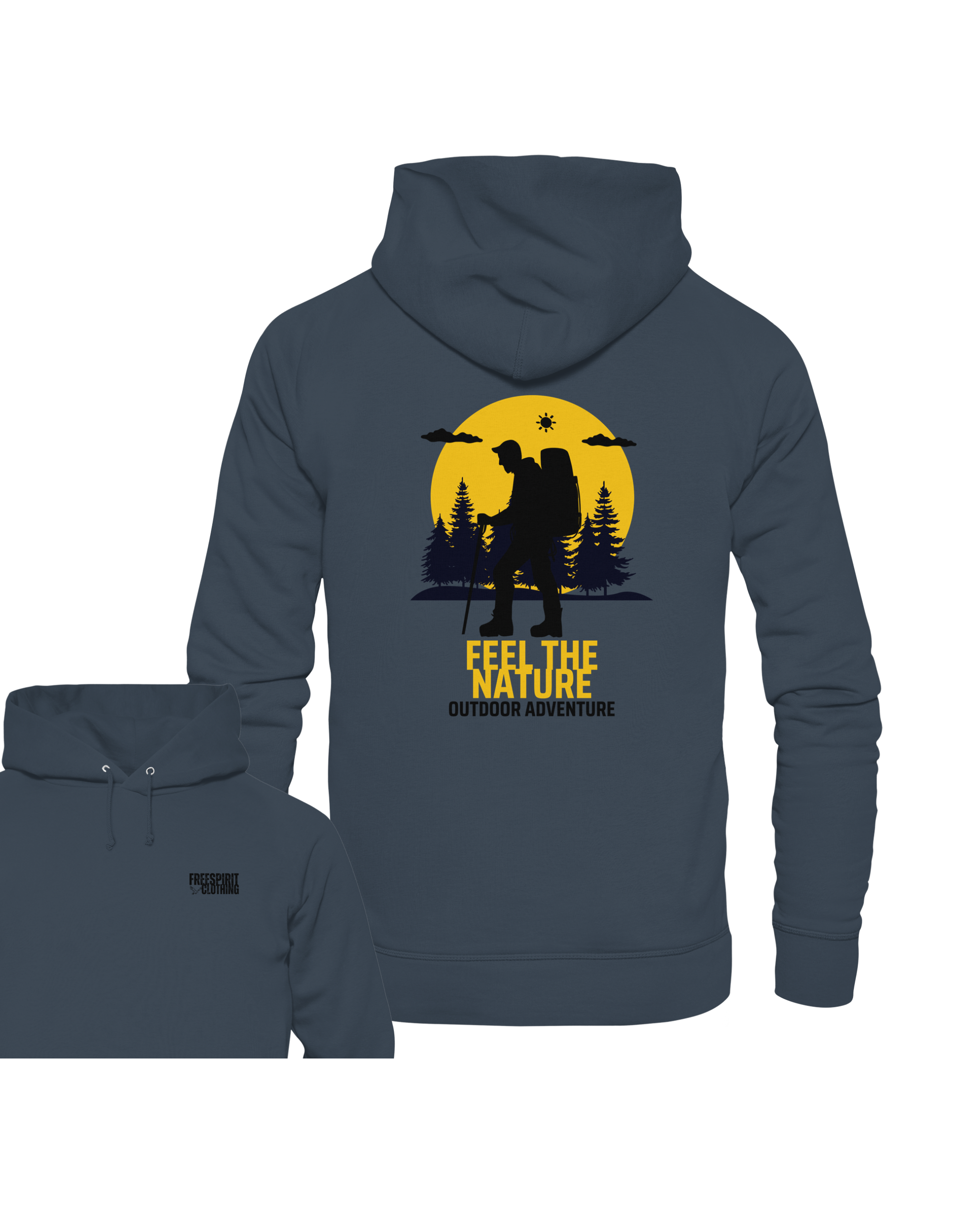 Nachhaltiger Organic Hoodie in Dunkelblau mit gelbem Natur-Print, Bio-Baumwolle Kleidung. - FEEL THE NATURE – Outdoor Adventure - Organic Hoodie