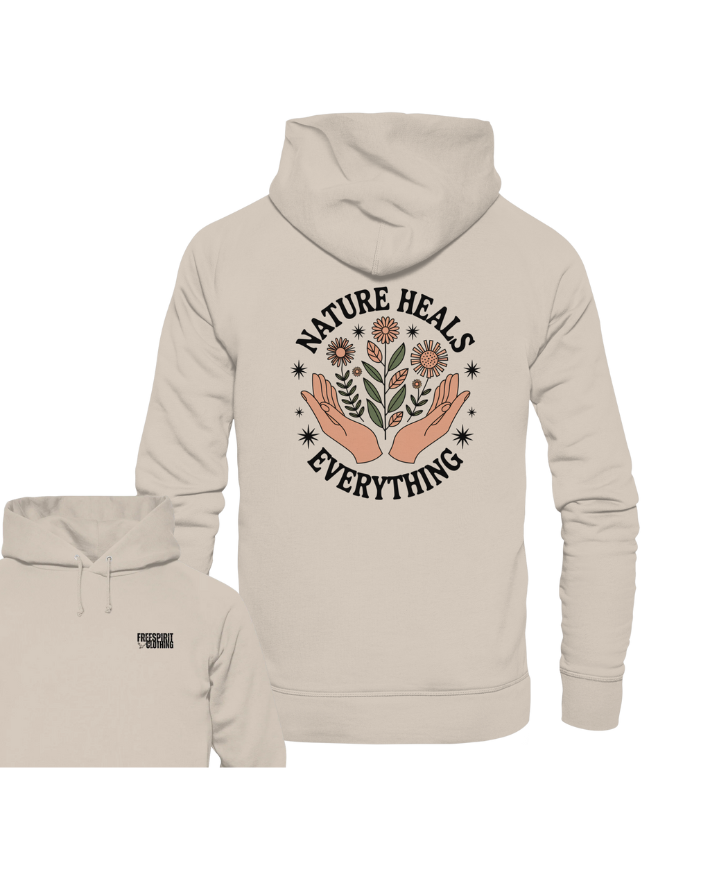 Helles Organic Hoodie aus Bio-Baumwolle mit Naturmotiv und Schriftzug „Nature Heals Everything“ auf der Rückseite,. - Nature Heals Everything - Organic Hoodie