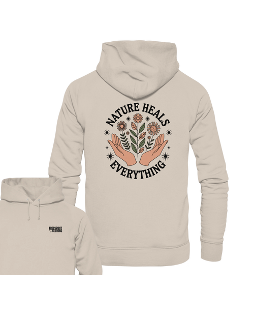 Helles Organic Hoodie aus Bio-Baumwolle mit Naturmotiv und Schriftzug „Nature Heals Everything“ auf der Rückseite,. - Nature Heals Everything - Organic Hoodie