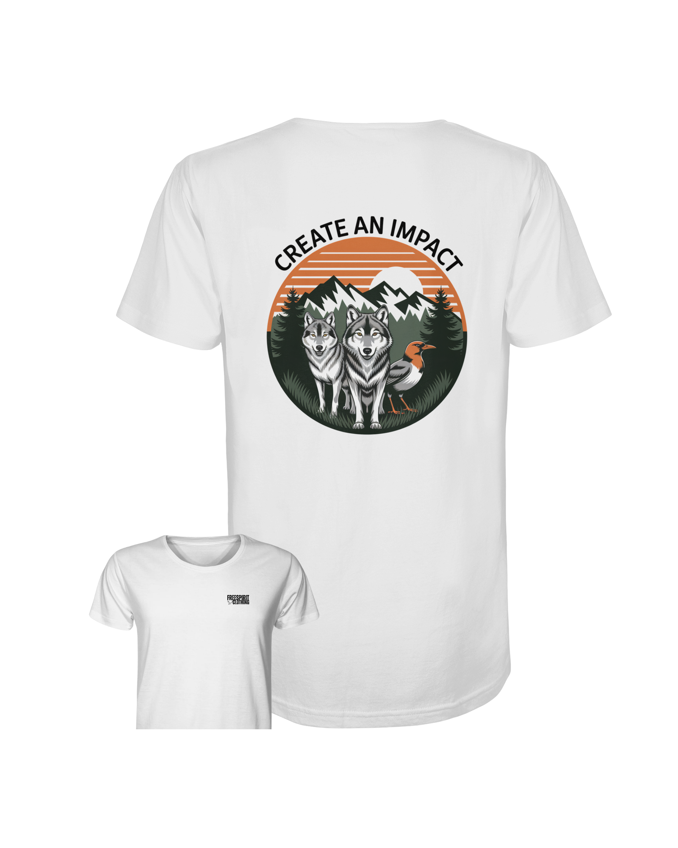 Weißes Bio-Baumwolle Shirt mit Wildtier-Print und Aufschrift "Create an Impact", nachhaltige Outdoor-Bekleidung. - Create an Impact – Wildlife Edition (Wolves & Bird) - Organic Shirt