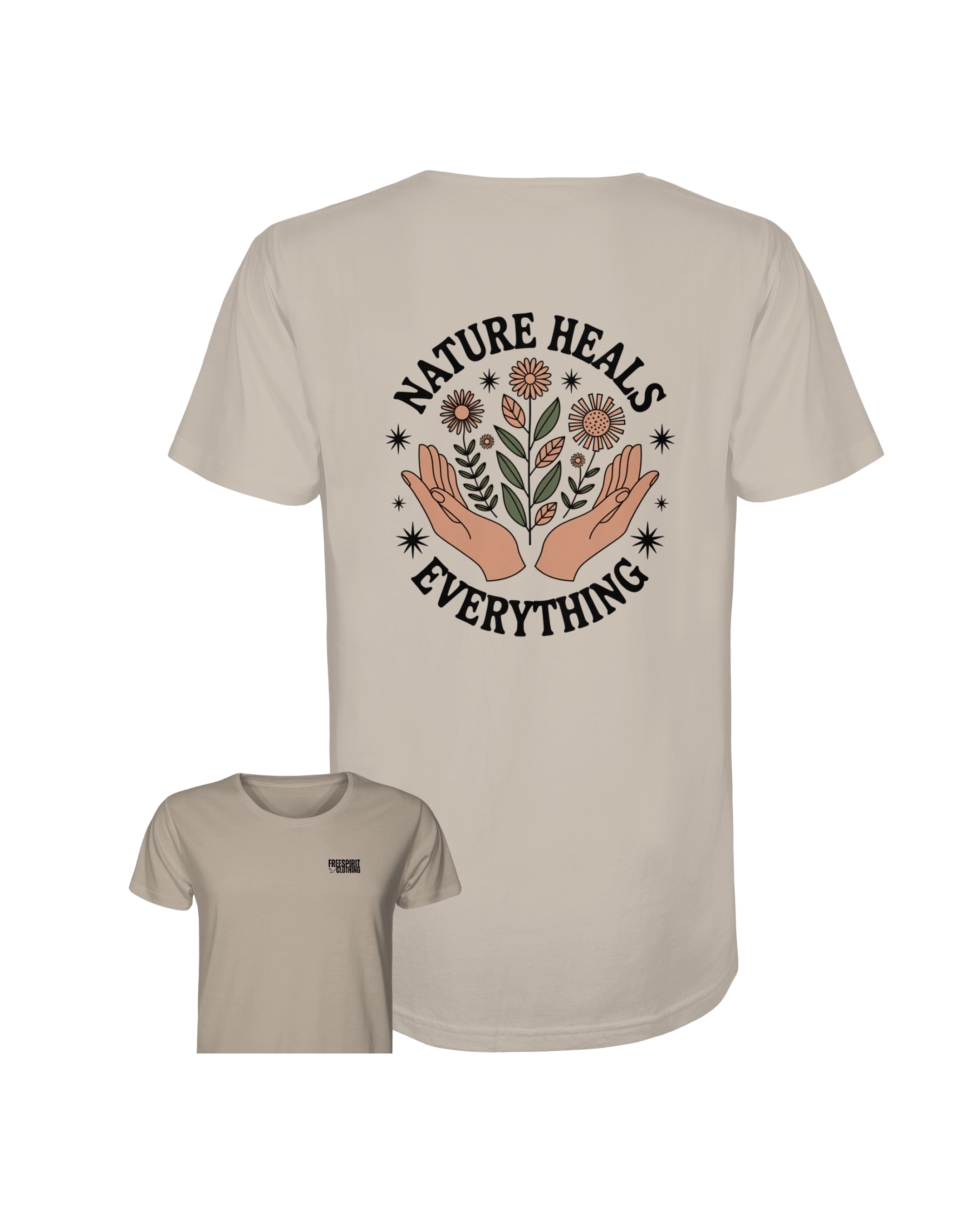 Beiges Bio-Baumwolle T-Shirt mit nachhaltigem Nature Heals Everything Print und umweltfreundlicher Outdoor-Bekleidung. - Nature Heals Everything - Organic Shirt
