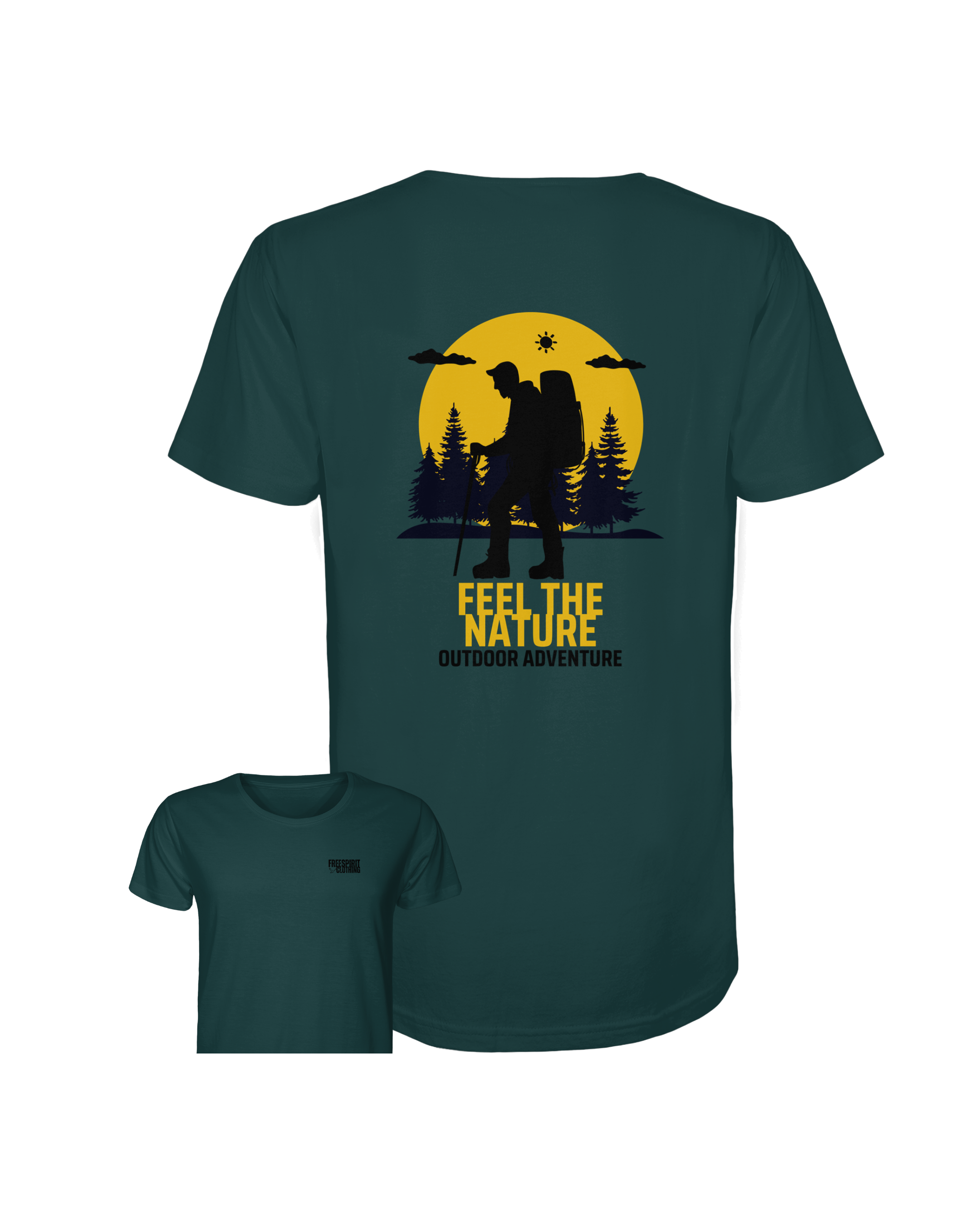 Dunkeltürkisfarbenes Bio-Baumwolle Outdoor-Shirt mit nachhaltigem FEEL THE NATURE Print und Wanderer-Motiv. - FEEL THE NATURE – Outdoor Adventure - Organic Shirt