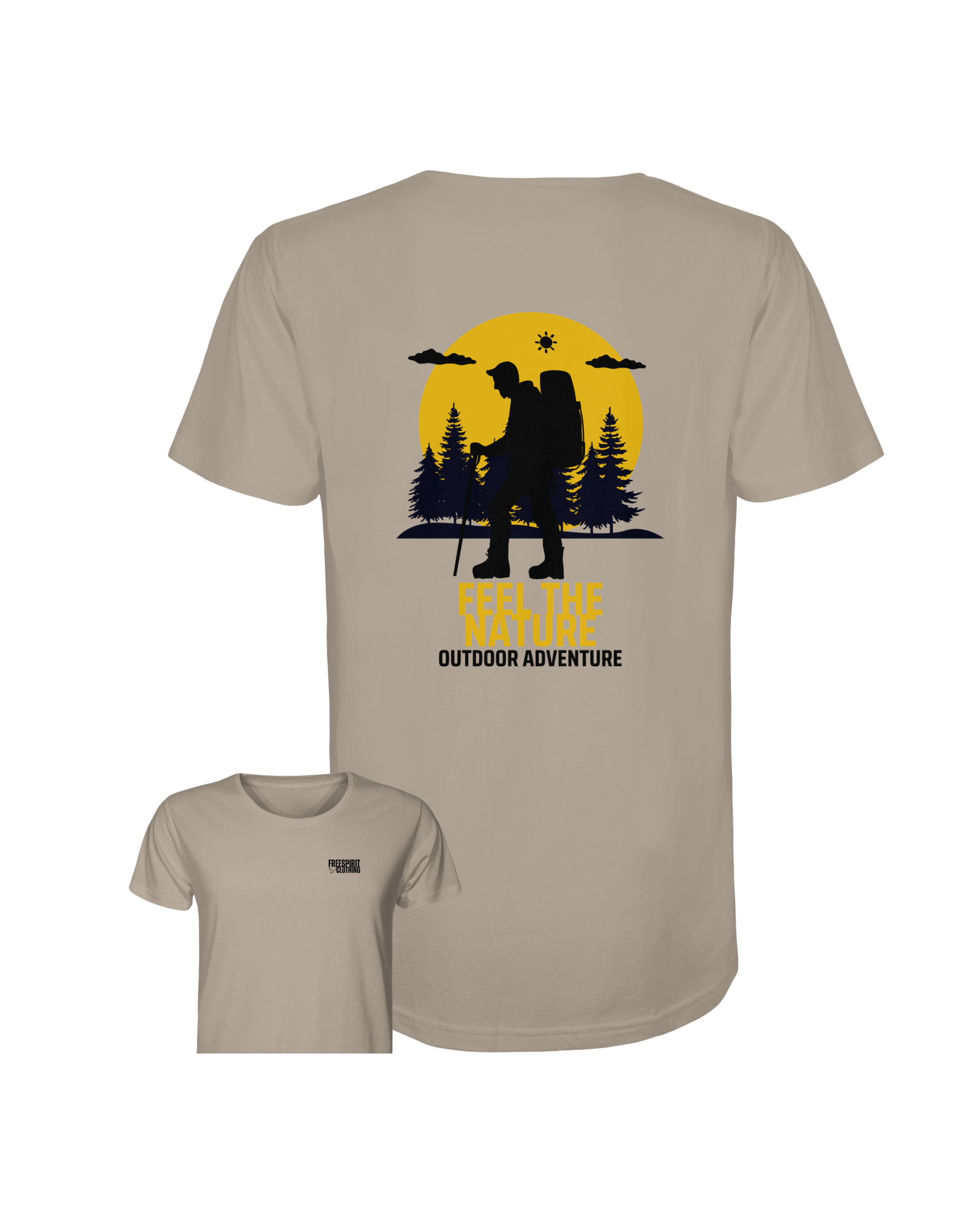 Khakifarbenes Bio-Baumwolle Shirt mit nachhaltigem Outdoor-Print und umweltfreundlicher Mode. - FEEL THE NATURE – Outdoor Adventure - Organic Shirt