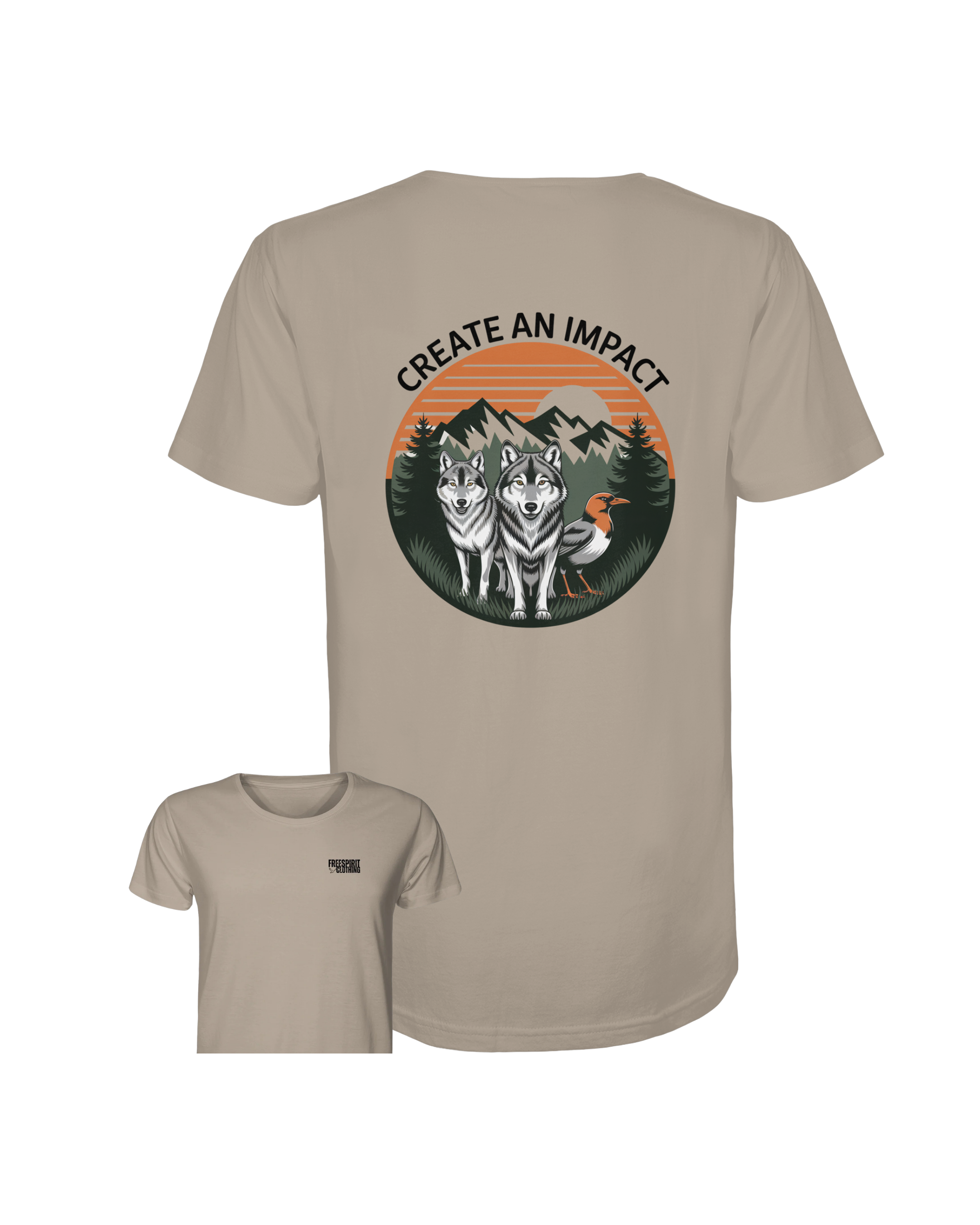 Nachhaltige Outdoor-Bekleidung Bio-Baumwolle Shirt mit Wolf- und Vogel-Design in Khaki Organic Outdoor Apparel. - Create an Impact – Wildlife Edition (Wolves & Bird) - Organic Shirt