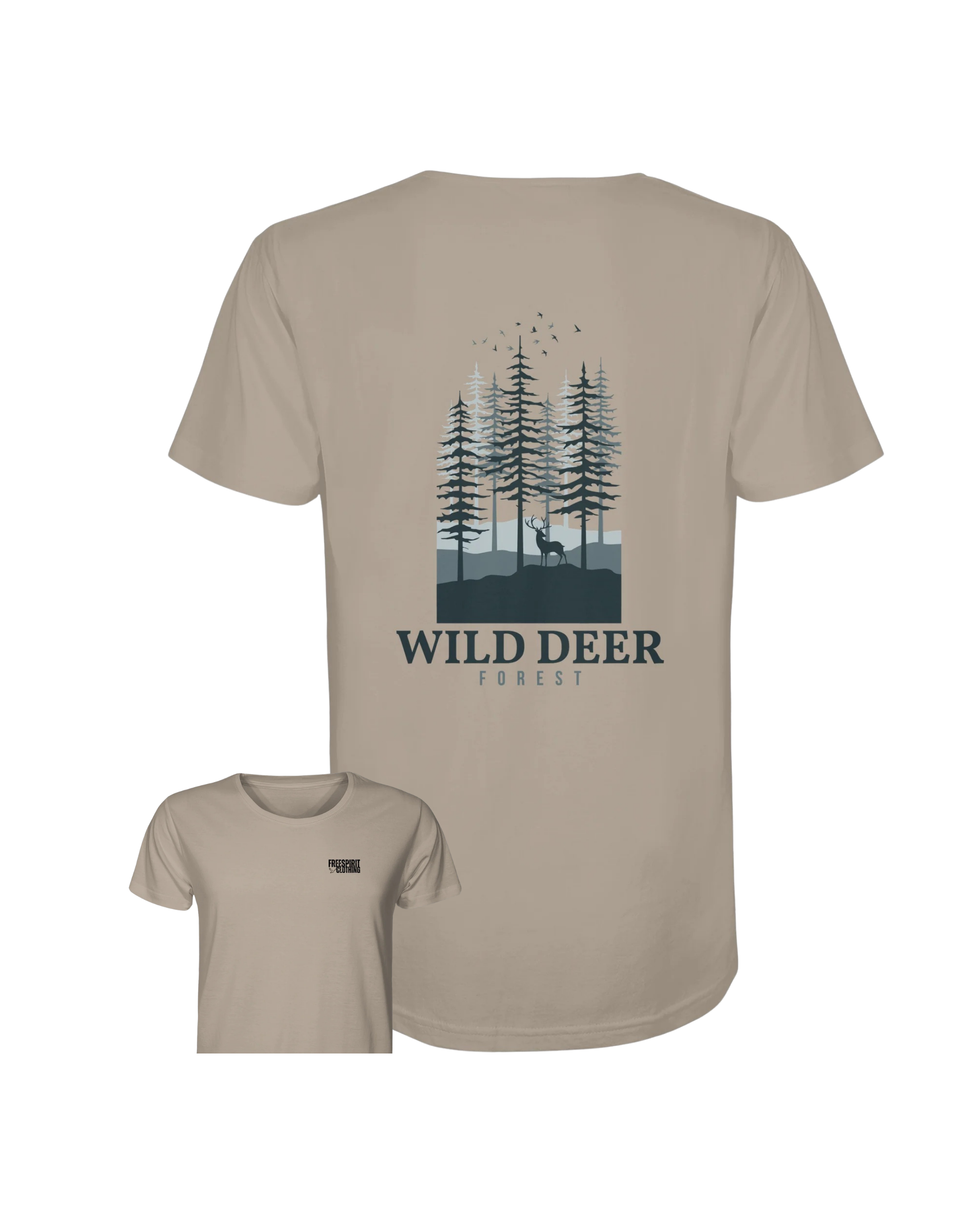 Nachhaltiges T-Shirt aus Bio-Baumwolle in Beige mit Wald- und Wildtier-Print, Organic Outdoor Apparel. - WILD DEER – Forest Edition - Organic Shirt