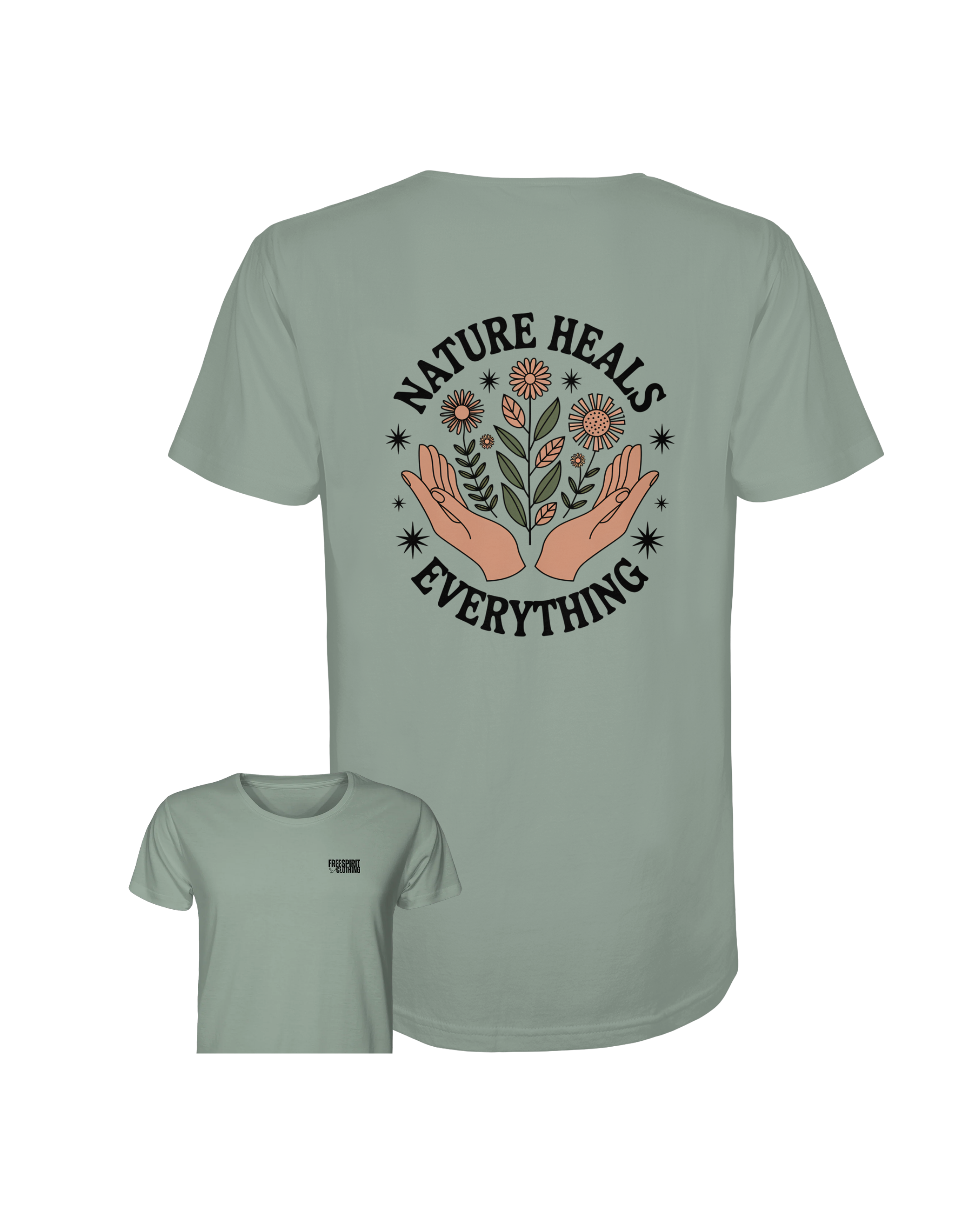 Hellgrünes Bio-Baumwolle Shirt mit „Nature Heals Everything“ Motiv, nachhaltige Outdoor-Bekleidung. - Nature Heals Everything - Organic Shirt