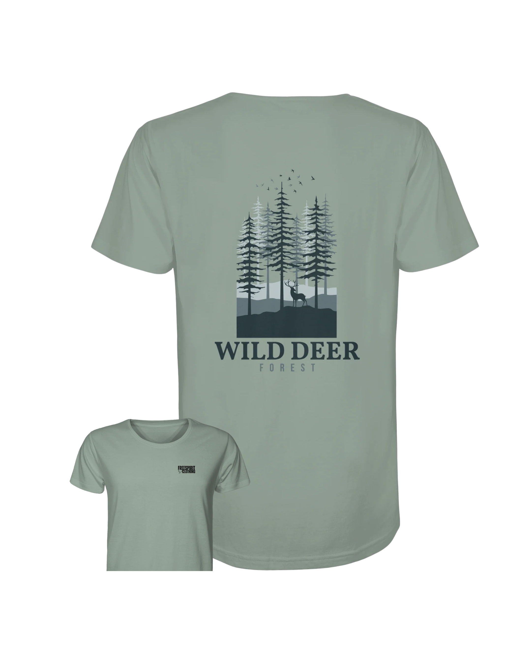 Khakifarbenes Bio-Baumwollshirt mit Wald-Print und nachhaltiger Outdoor-Bekleidung. - WILD DEER – Forest Edition - Organic Shirt