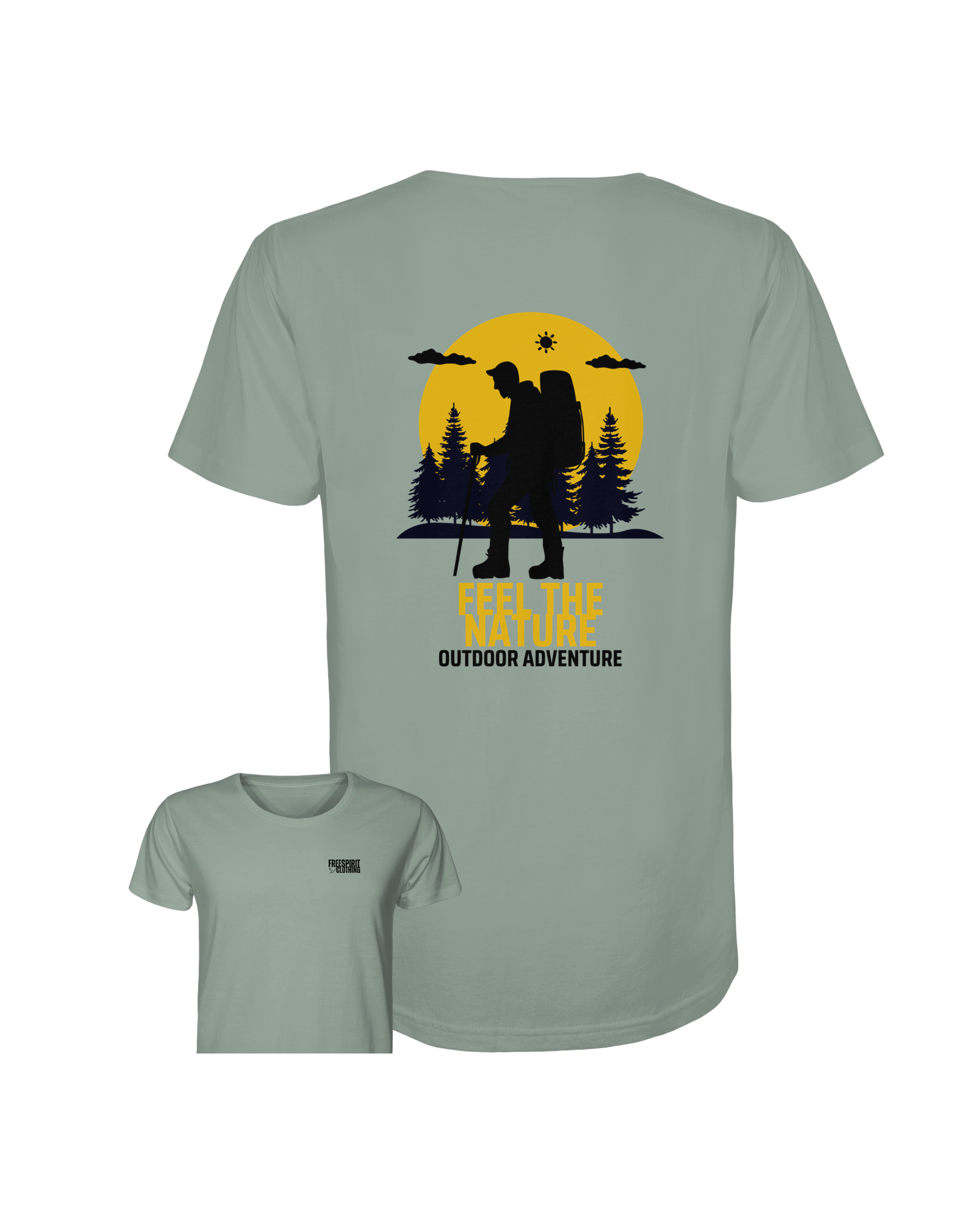 Khaki grünes Bio-Baumwolle-Shirt mit Outdoor-Motiv, nachhaltige Outdoor-Bekleidung. - FEEL THE NATURE – Outdoor Adventure - Organic Shirt