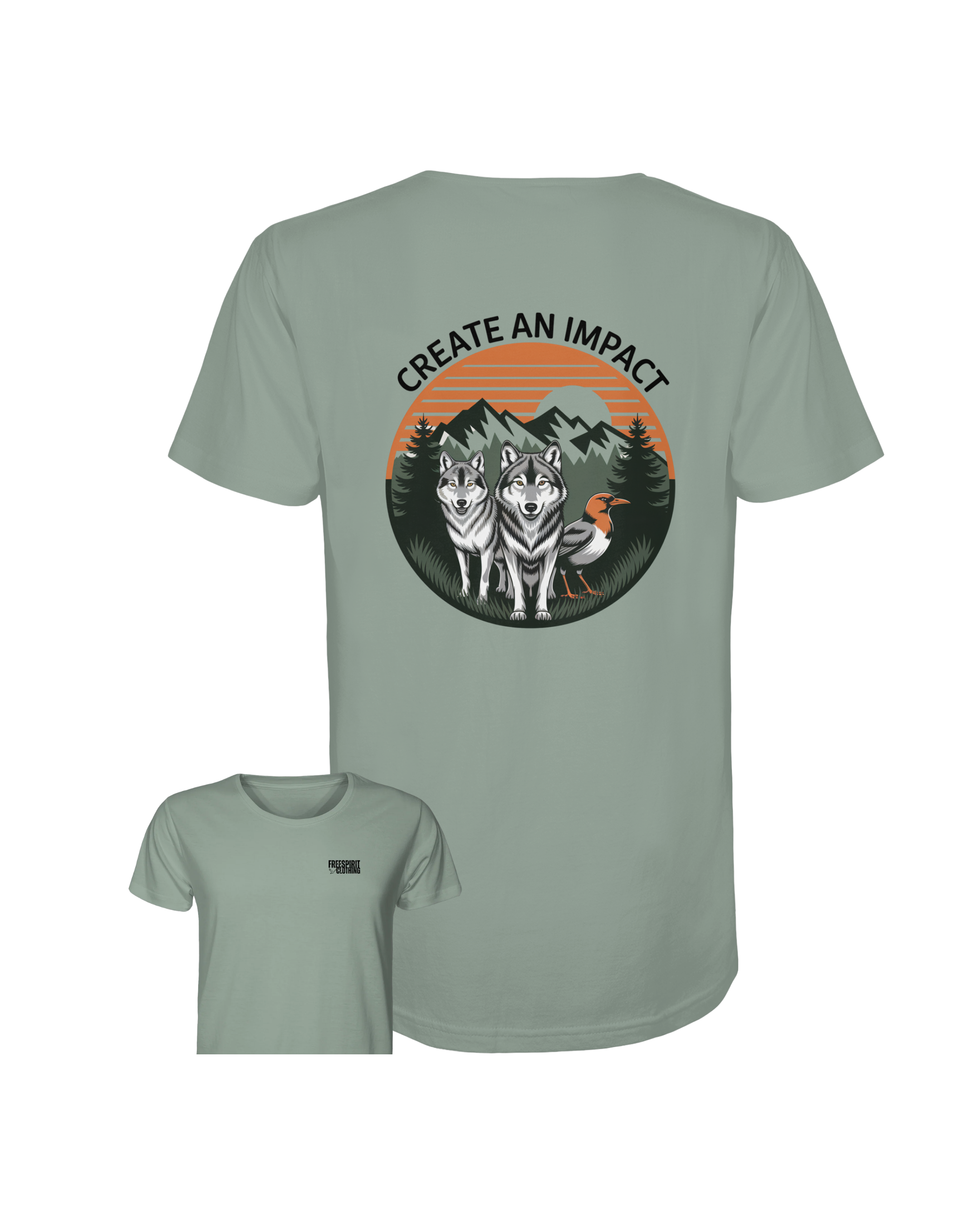 Khaki Bio-Baumwolle T-Shirt mit Wolf- und Vogel-Motiv, nachhaltige Outdoor-Bekleidung. - Create an Impact – Wildlife Edition (Wolves & Bird) - Organic Shirt