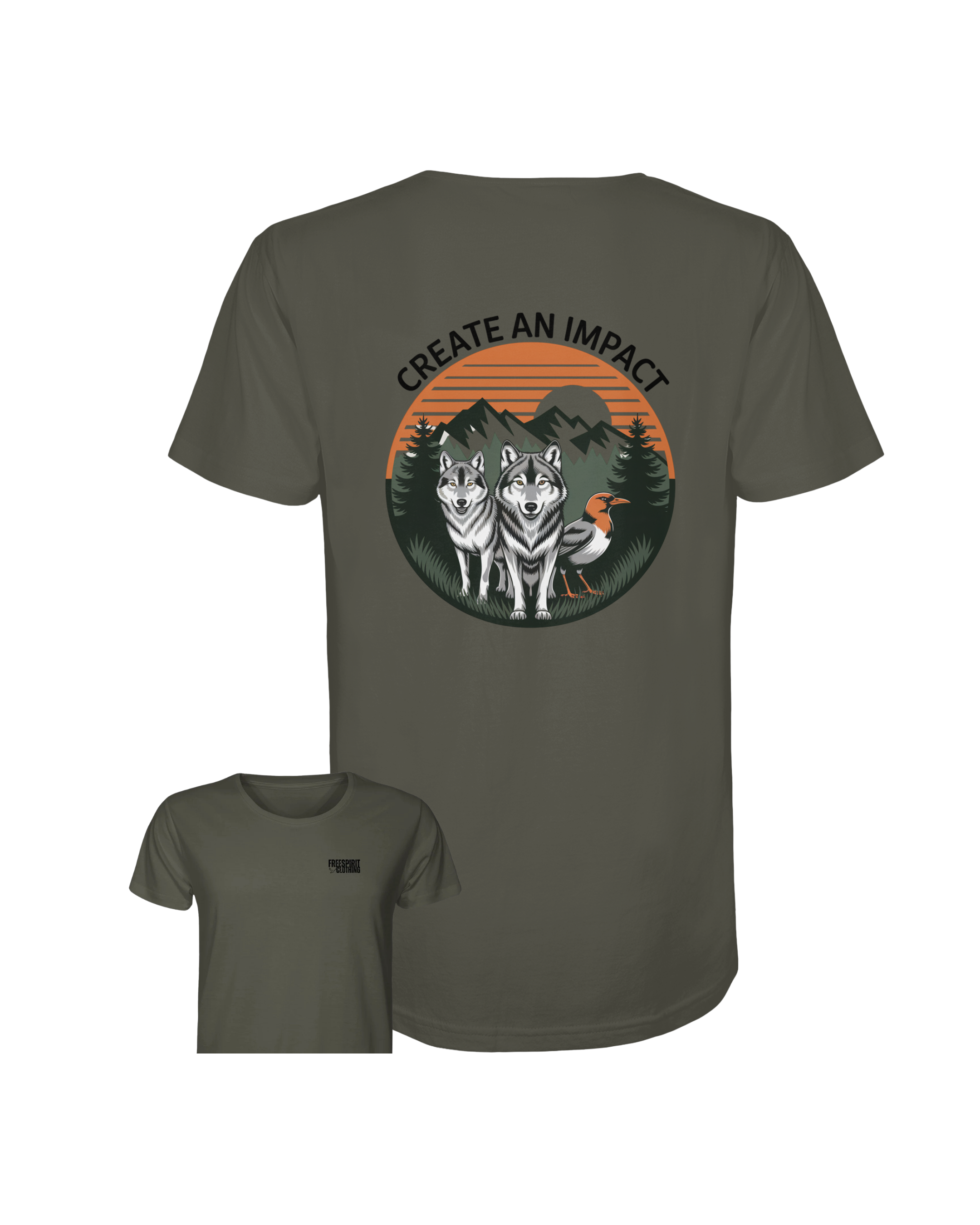 Khakifarbenes Bio-Baumwolle Shirt mit Wolfs- und Vogelprint, nachhaltige Outdoor-Bekleidung. - Create an Impact – Wildlife Edition (Wolves & Bird) - Organic Shirt