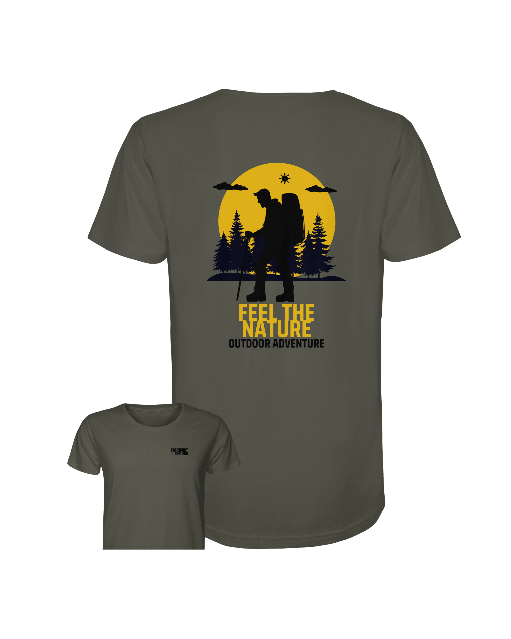 Khakifarbenes Organic Outdoor Apparel Shirt aus Bio-Baumwolle mit nachhaltigem Natur-Abenteuer-Print. - FEEL THE NATURE – Outdoor Adventure - Organic Shirt