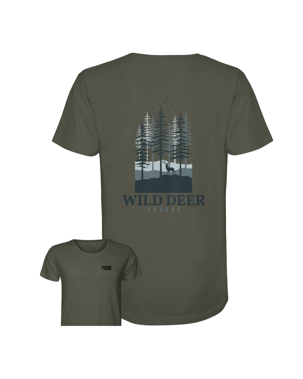 Khakifarbenes T-Shirt aus Bio-Baumwolle mit Wald- und Wildtier-Print, nachhaltige Outdoor-Bekleidung. - WILD DEER – Forest Edition - Organic Shirt